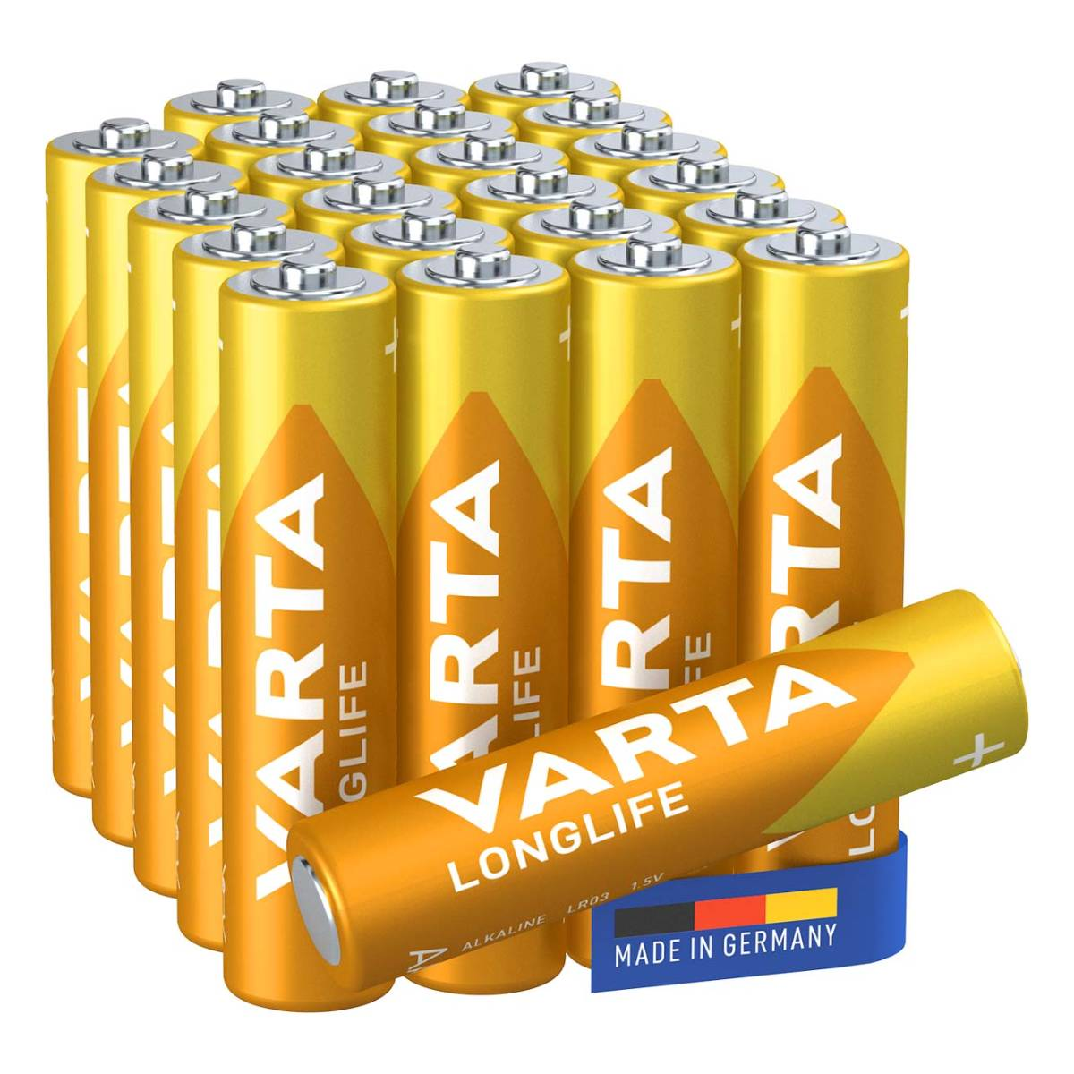 Multiple batterie VARTA Longlife gialle. Sono su sfondo bianco.