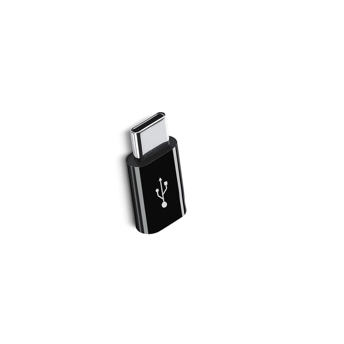 Schwarzer USB-C-Adapter auf Weiß. Er hat ein USB-Symbol. Der obere Teil ist silber.