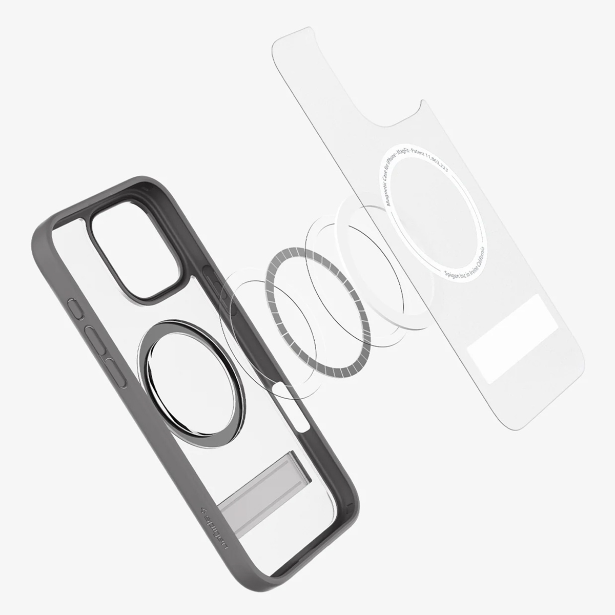 Een ontplofte weergave van een telefoonhoesje, met hoes, ringen en een beschermfolie, allemaal grijs.