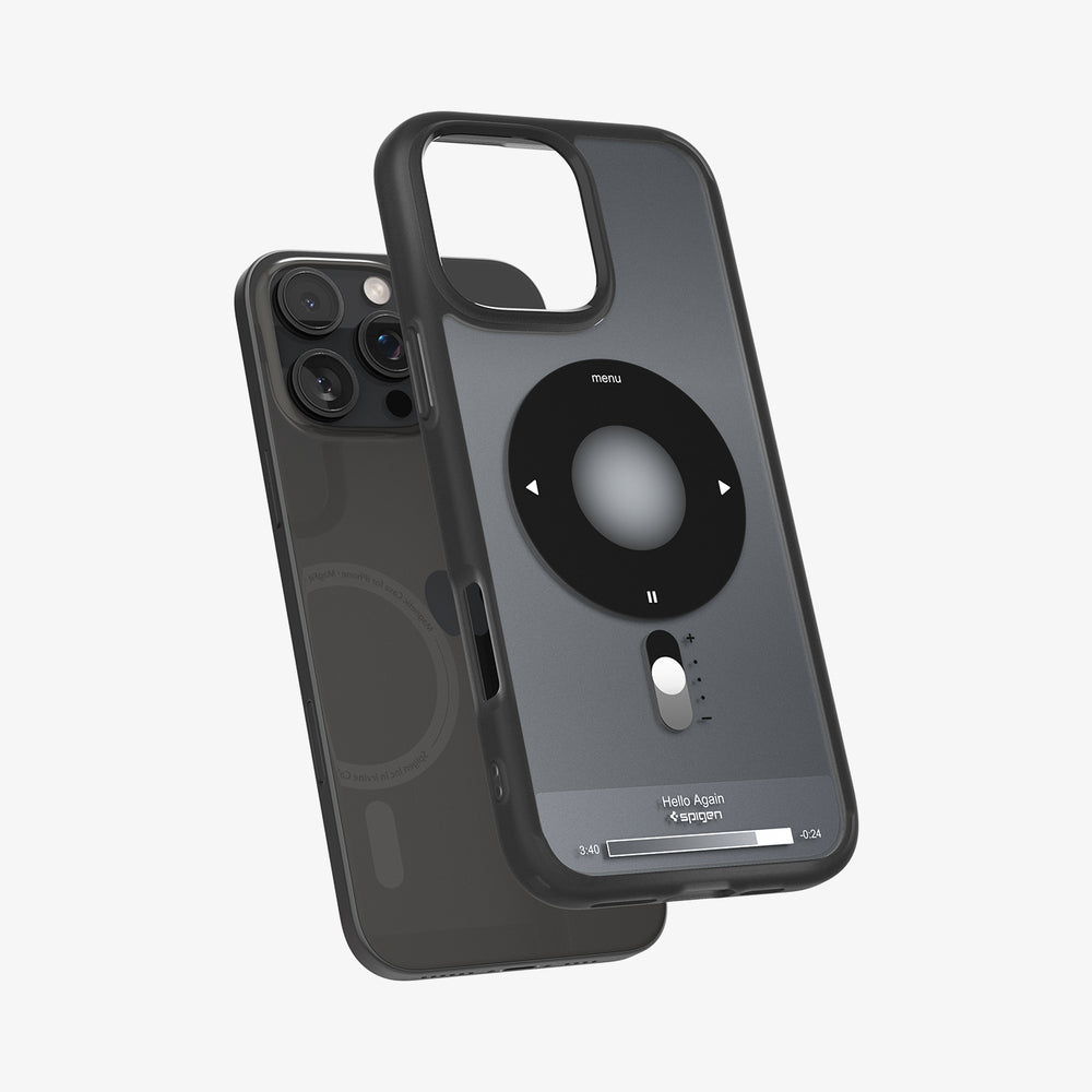 Ein iPhone mit Hülle. Die Hülle hat eine kreisförmige Steuerung und eine Bildschirmanzeige.