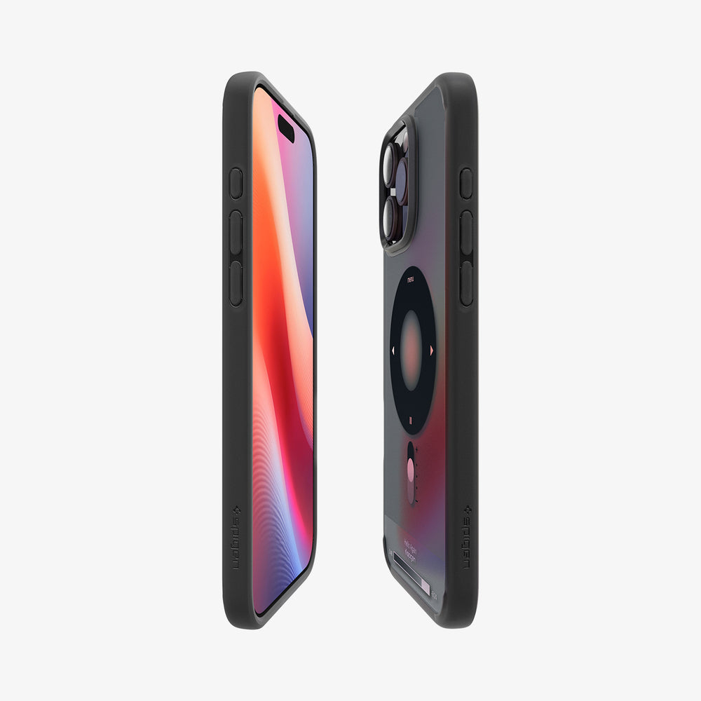 Zwei iPhones, eins mit Hülle. Die Hülle hat eine kreisförmige Anzeige auf dem Bildschirm.