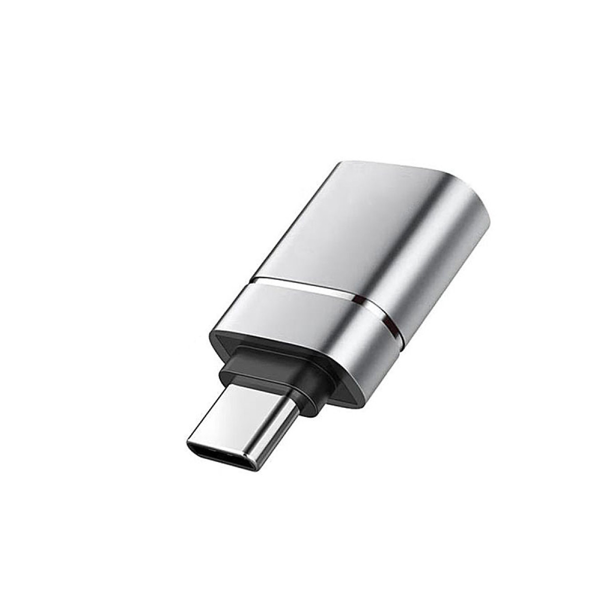 Srebrny adapter USB-C na białym tle. Górna część jest srebrna.