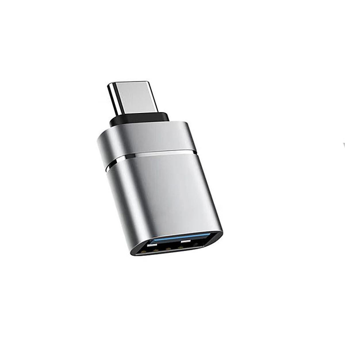 Srebrny adapter USB na USB-C na białym tle, lekko pochylony w lewo.
