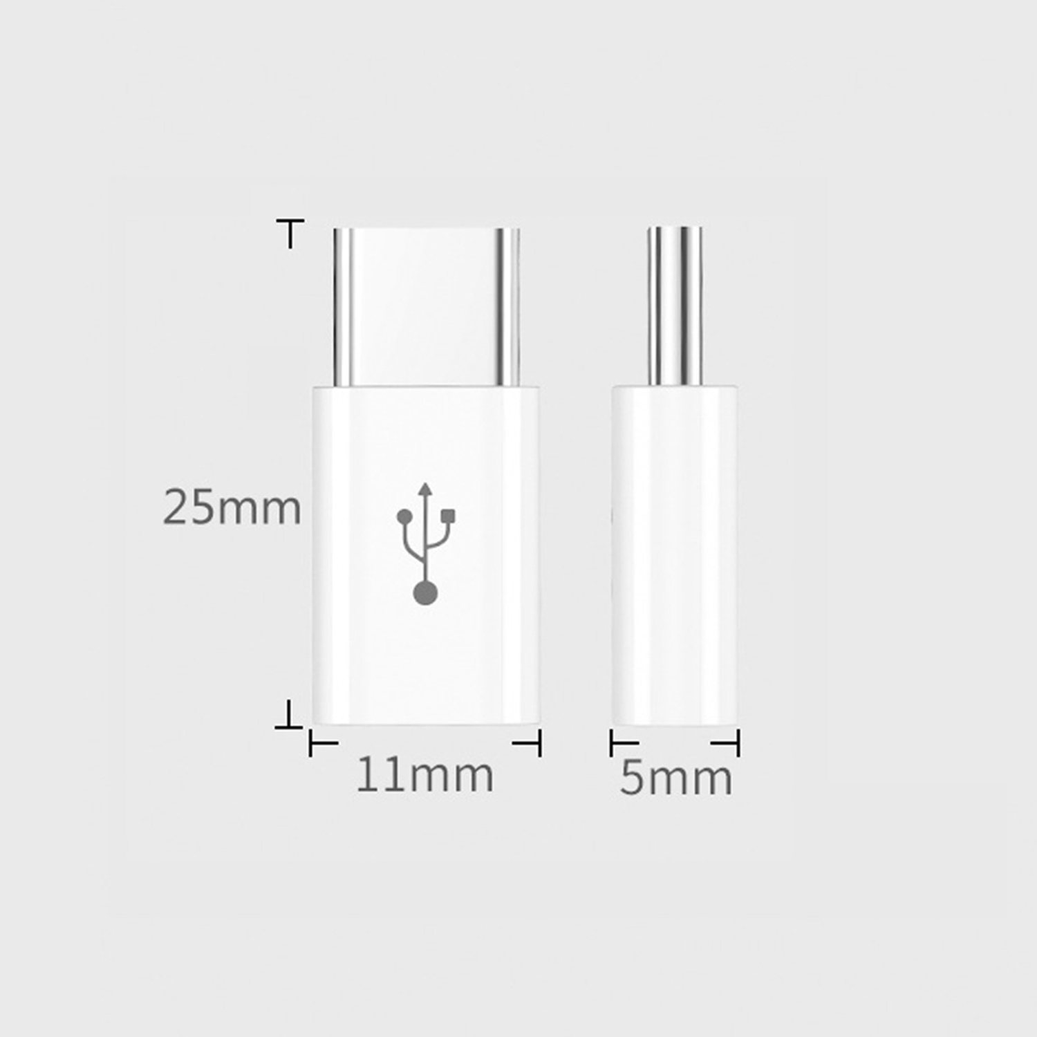Weißer USB-C-Adapter mit Abmessungen. Er hat das USB-Symbol. Der obere Teil ist silber.