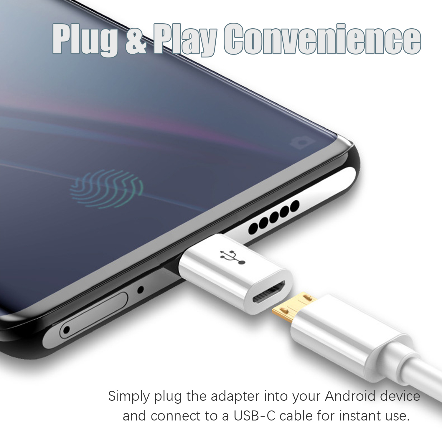 Weißer USB-Adapter an Telefon angeschlossen. Text: 'Plug & Play Convenience'.