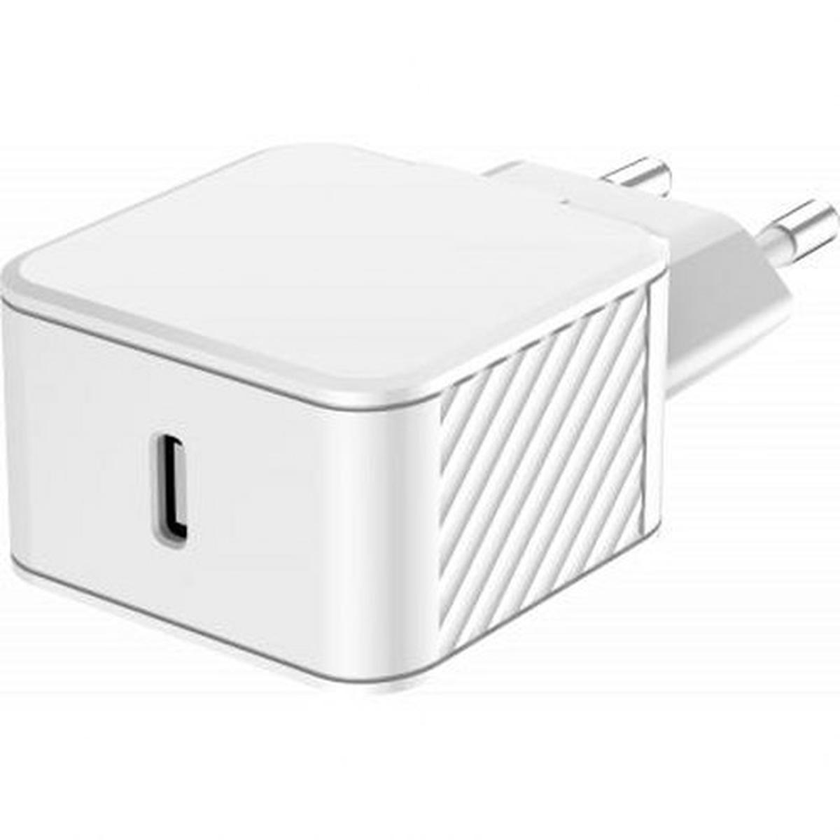 Cargador USB blanco con enchufe de la UE. Tiene forma cuadrada. Hay un puerto USB.