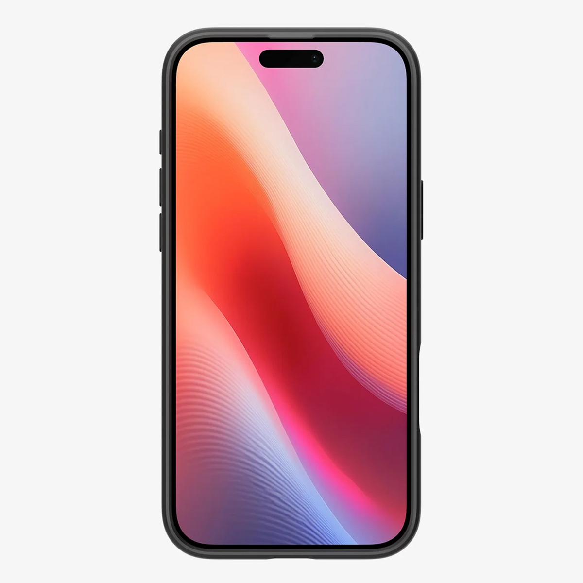 Un téléphone avec un étui noir et un écran coloré affichant des vagues rouges, oranges et bleues.