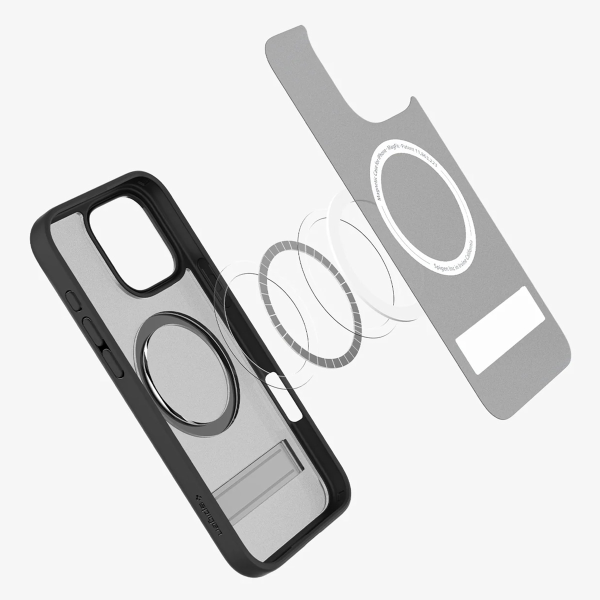 Une coque de téléphone avec un cadre noir, un anneau magnétique et un support. Pièces séparées.