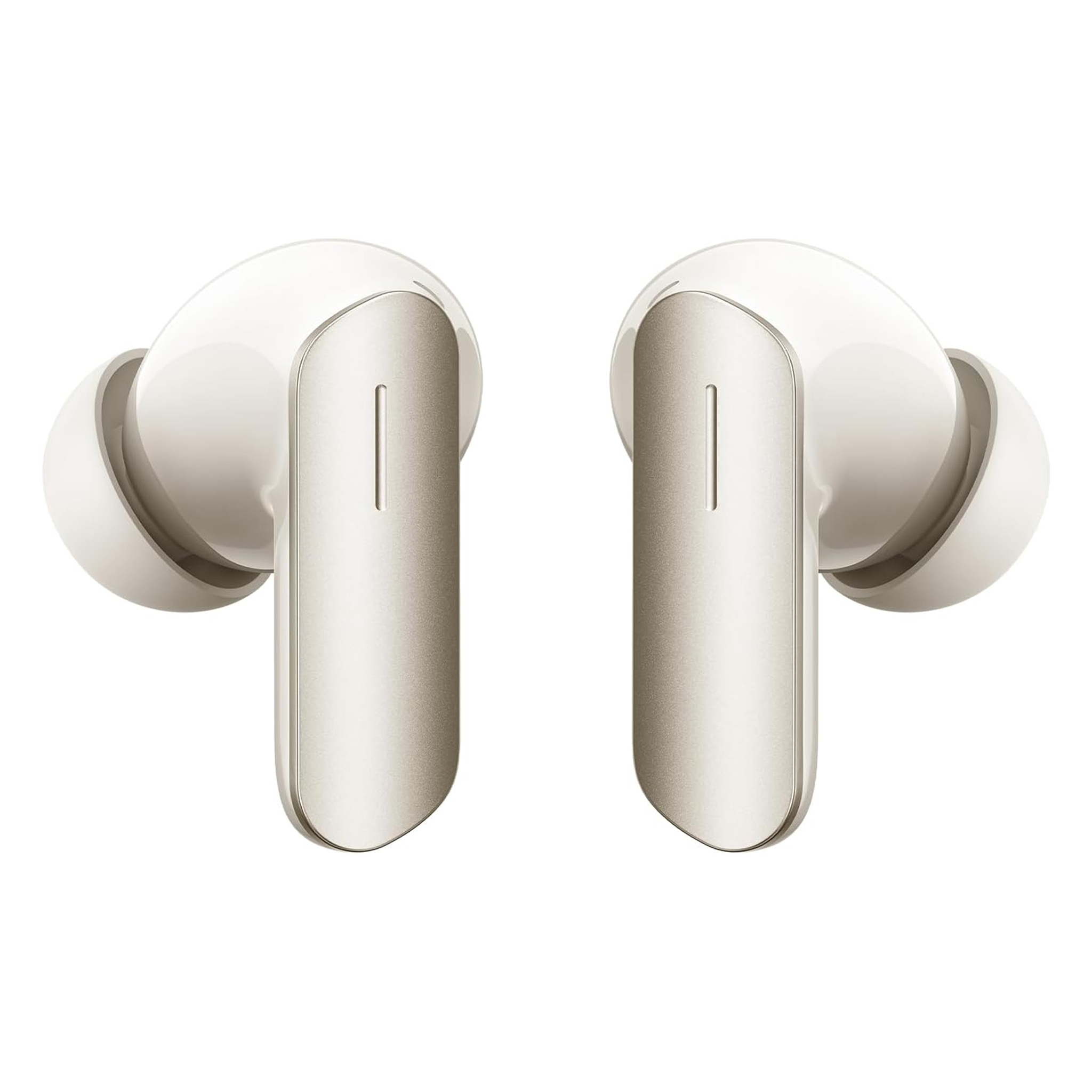 Due auricolari bianchi con dettagli argentati, isolati su bianco.