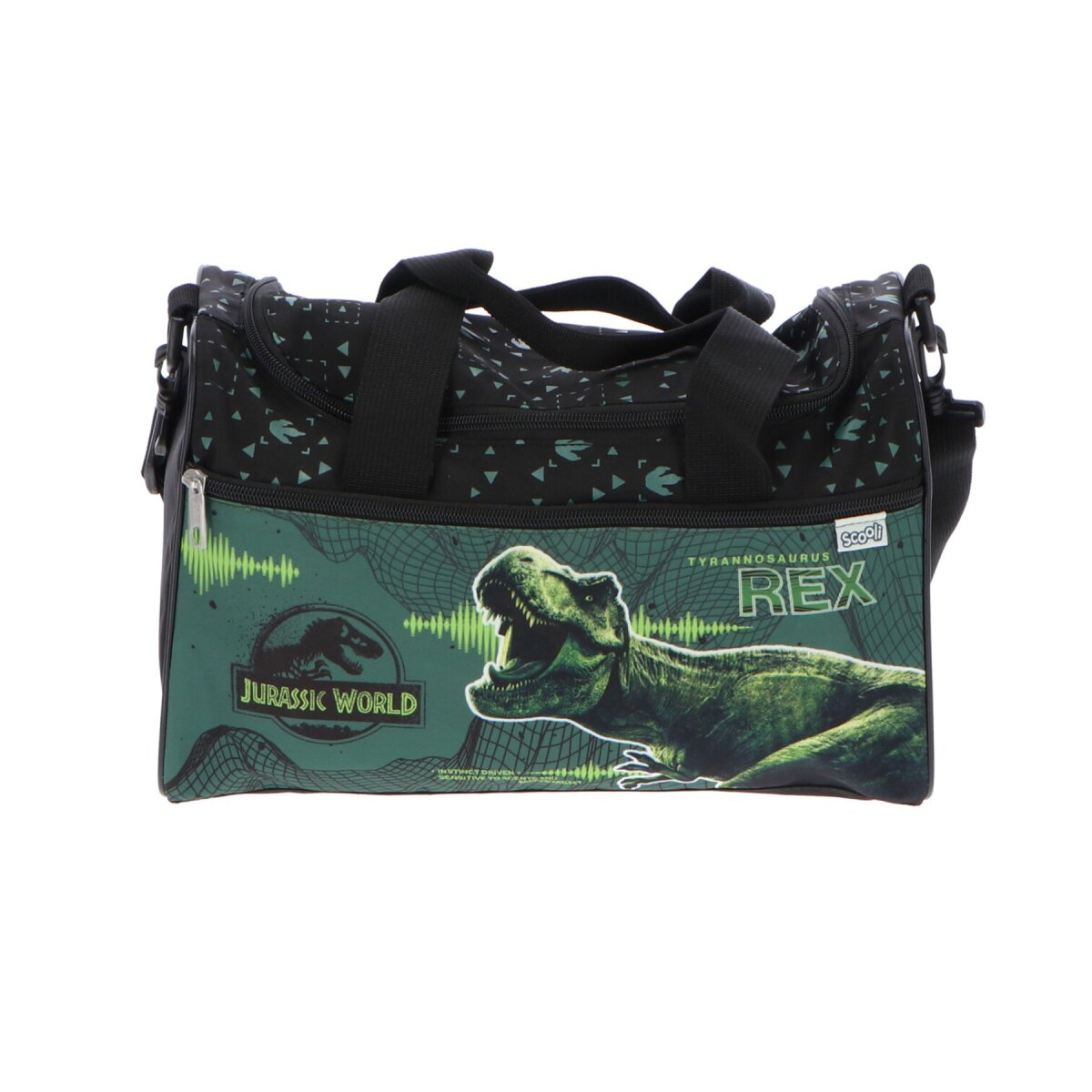 Een sporttas met een Jurassic World-ontwerp, met een T-Rex op een groene achtergrond.