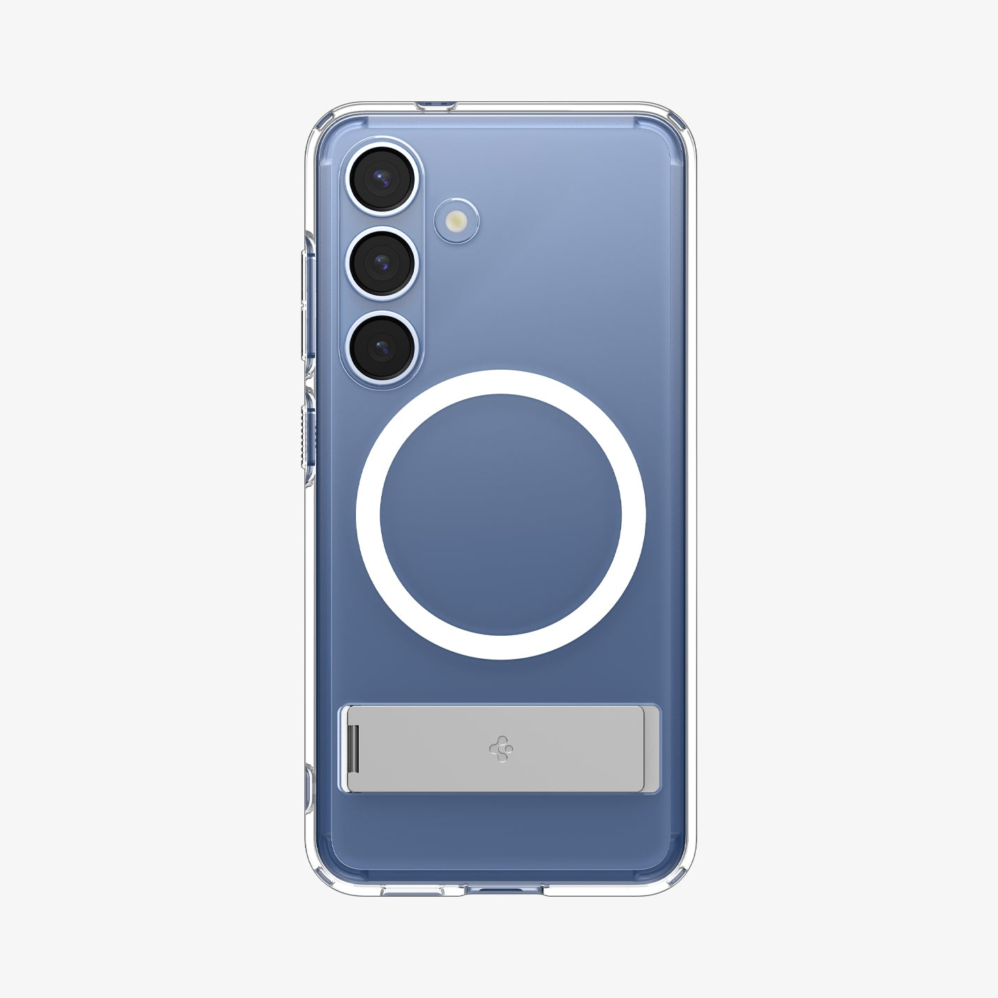 Ein Telefon mit transparenter Hülle, drei Kameras, einem weißen Ring und einem Ständer.