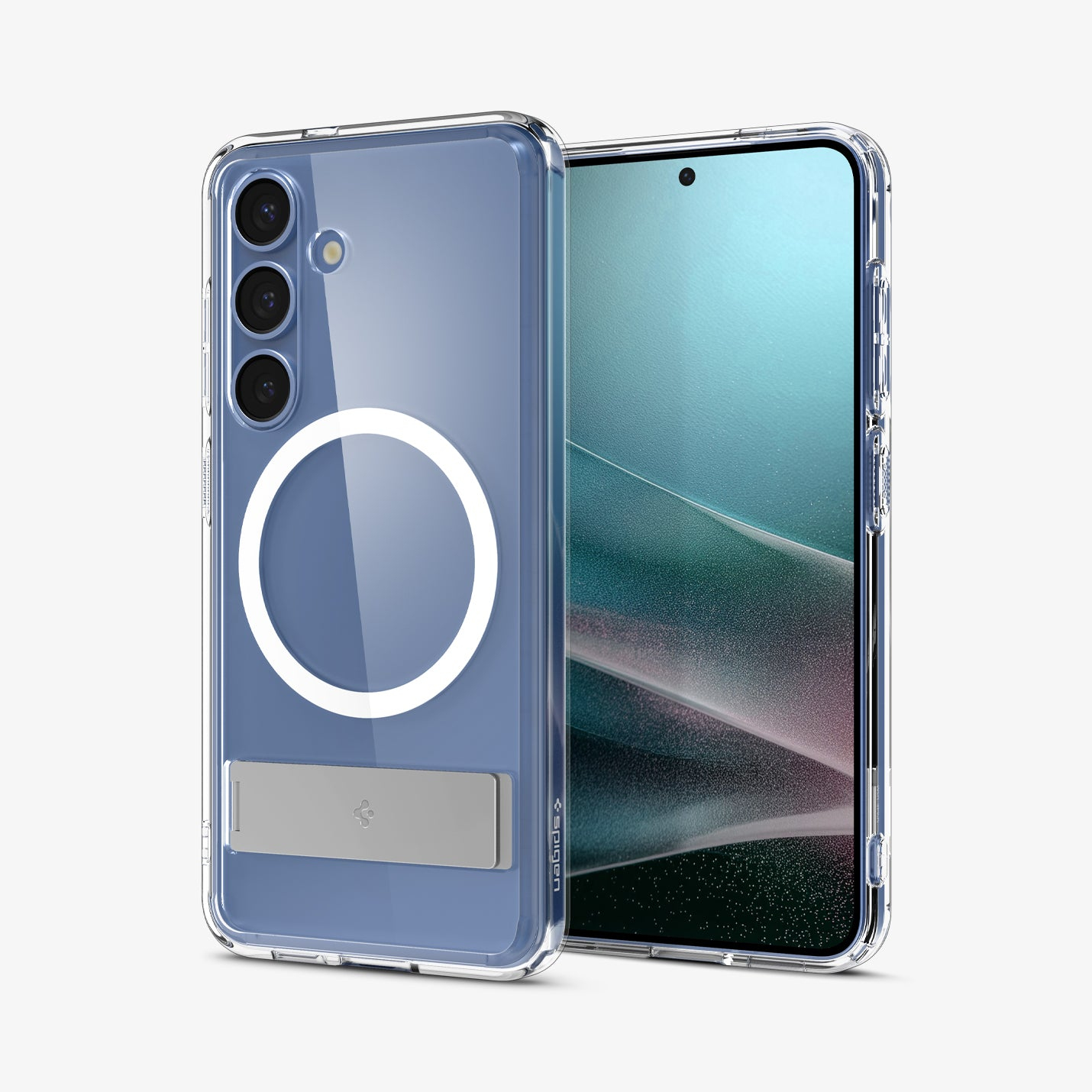 Eine transparente Handyhülle mit einem Telefon darin, drei Kameras und einem weißen Ring.