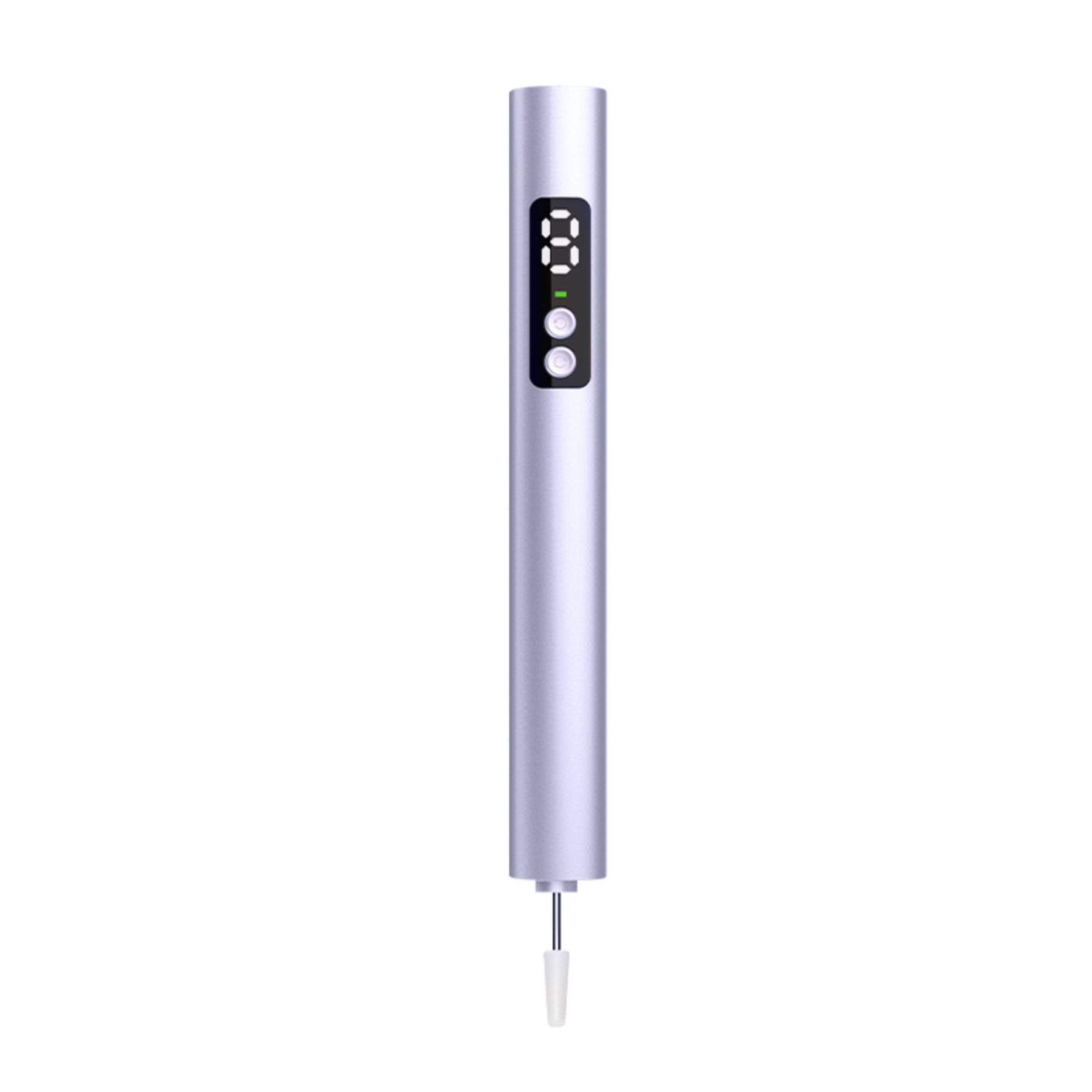Ein silberfarbener Beauty-Stift mit digitaler Anzeige und zwei Tasten. Der Stift hat eine Spitze und einen weißen Hintergrund.