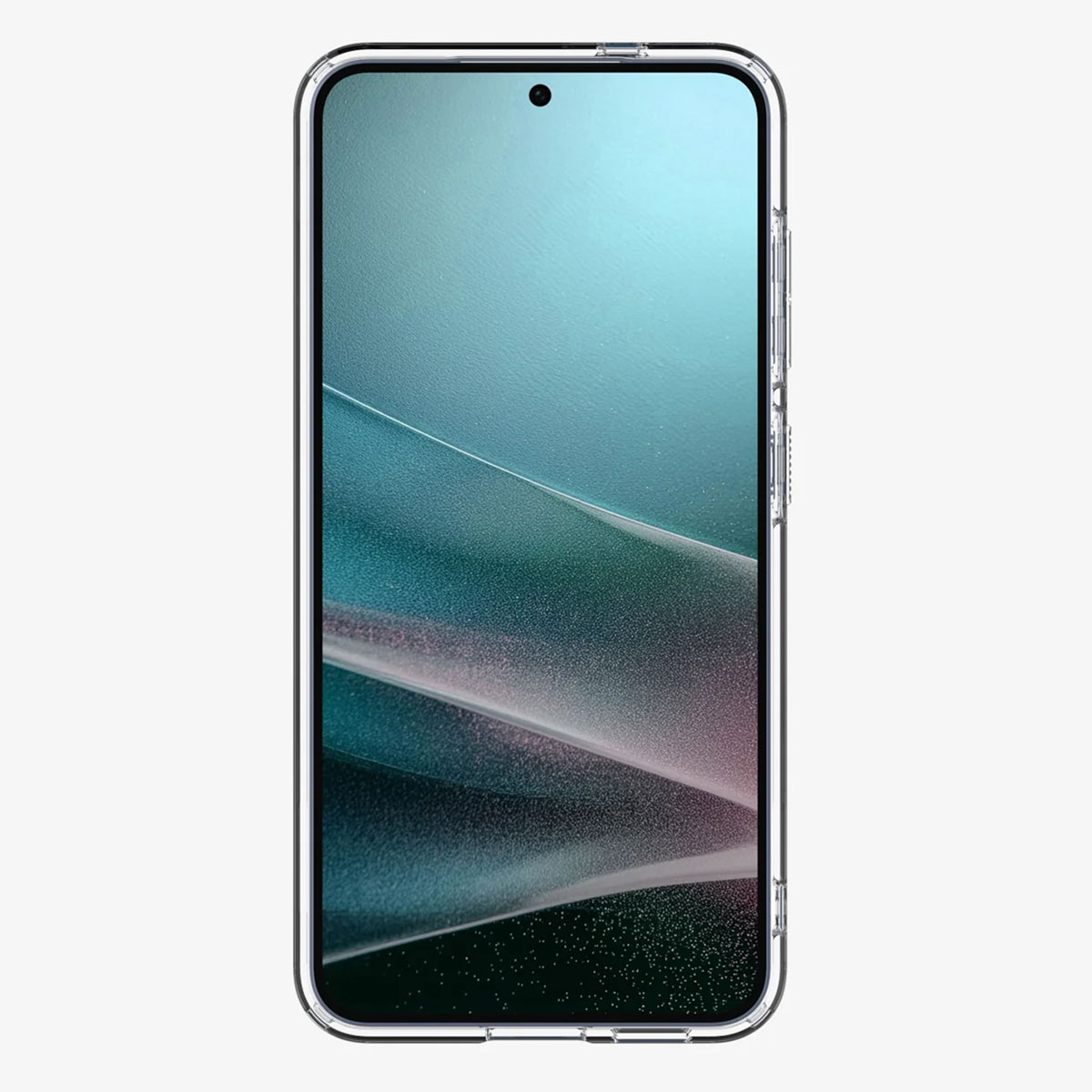 Ein Telefon mit transparenter Hülle, der Bildschirm ist an und zeigt einen Farbverlauf.