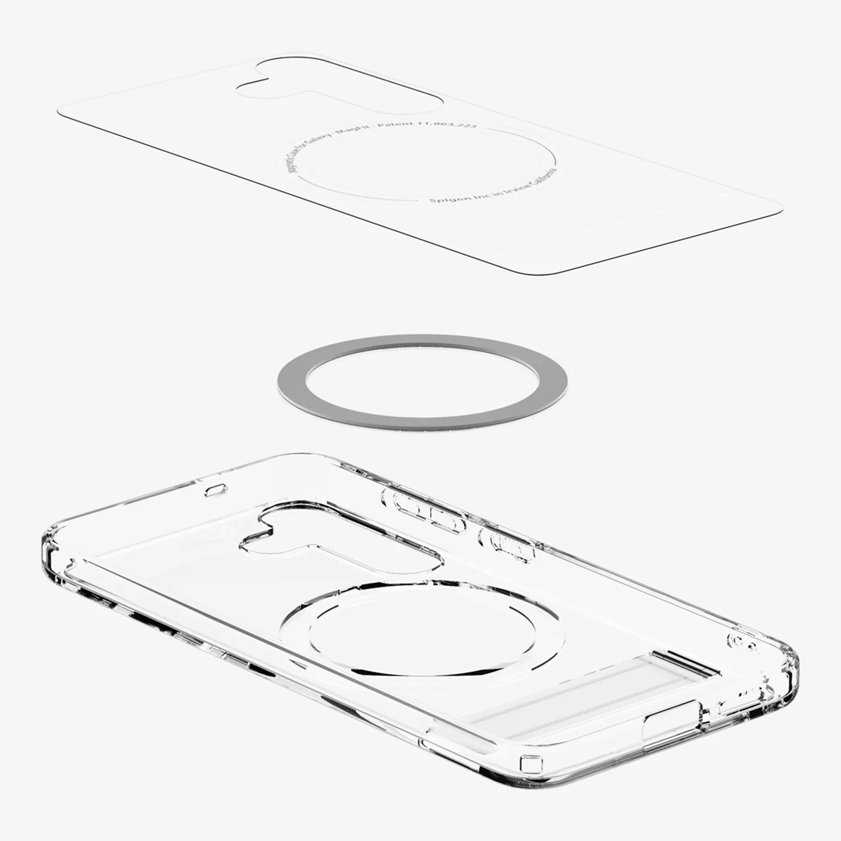 Klare Handyhüllen-Komponenten. Separate transparente Hülle, Ring und Rückseite. Komponenten auf weißem Hintergrund.