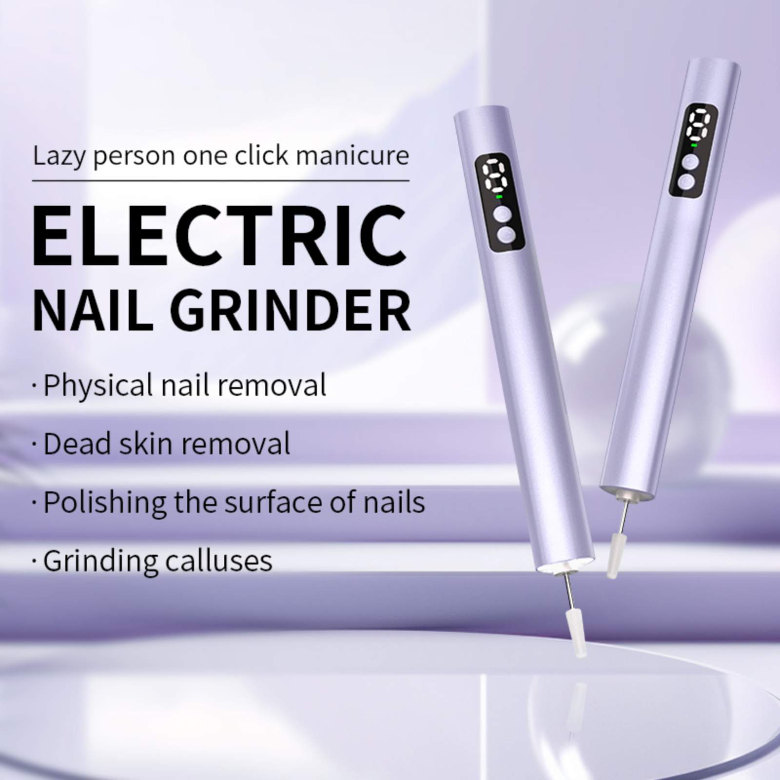 Zwei violette Nagelpolierer mit Digitalanzeigen. Der Text lautet 'ELECTRIC NAIL GRINDER'.