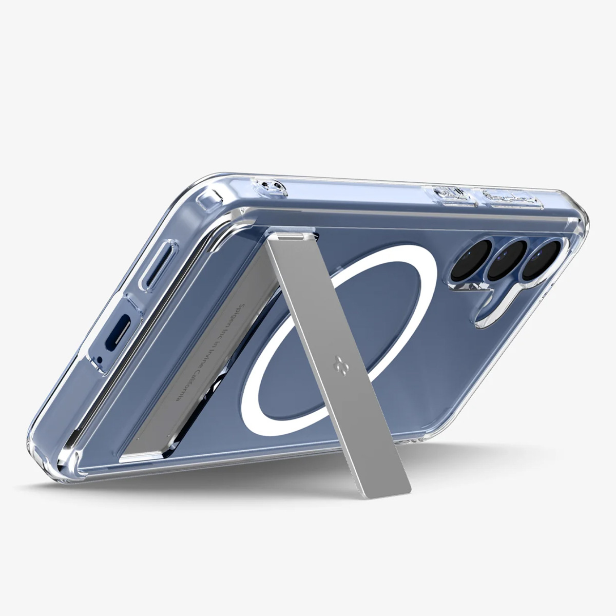 Transparente Handyhülle mit Ständer. Die Handyhülle ist blau mit einem silbernen Ständer.