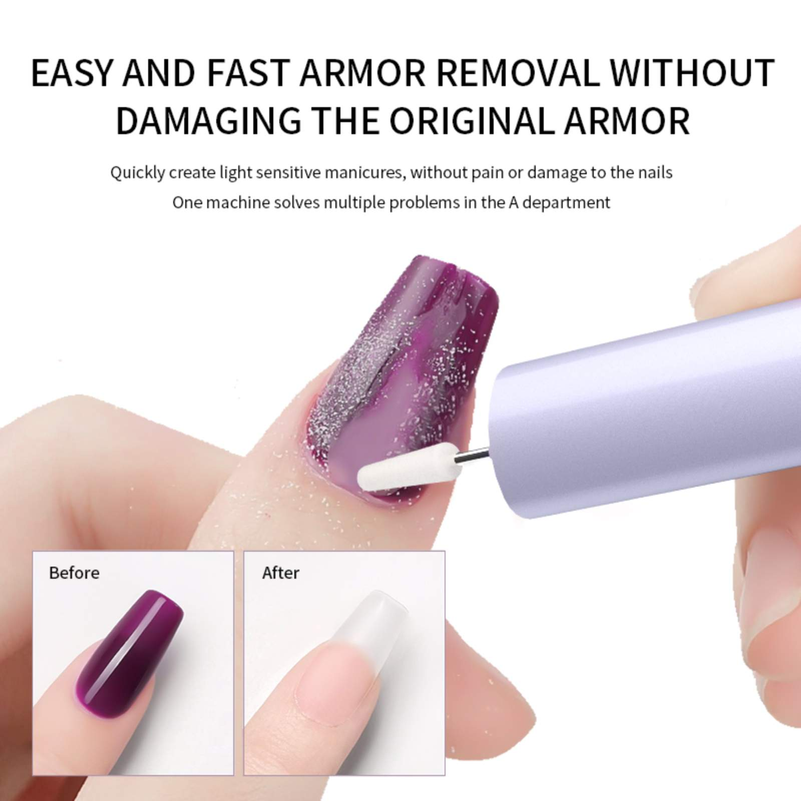 Eine Hand, die einen violetten Nagel schleift. Zwei Bilder zeigen das Aussehen vor und nach dem Schleifen.