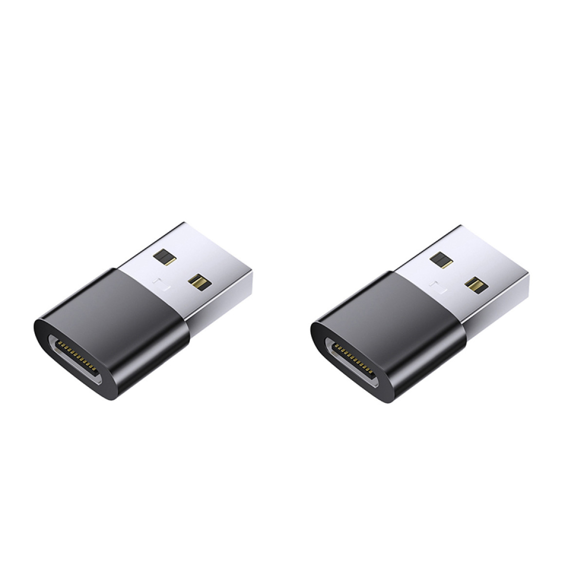 Zwei schwarz-silberne USB-zu-Typ-C-Adapter auf weißem Hintergrund, die beide Seiten zeigen.