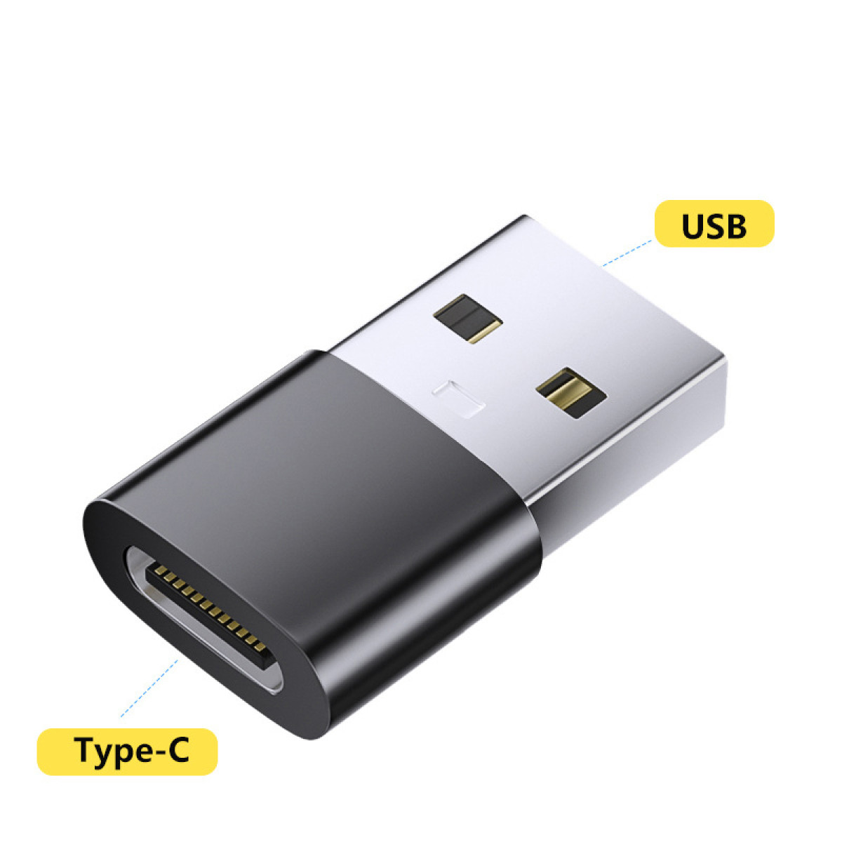 Ein schwarz-silberner USB-zu-Typ-C-Adapter, der das USB- und das Typ-C-Ende zeigt.