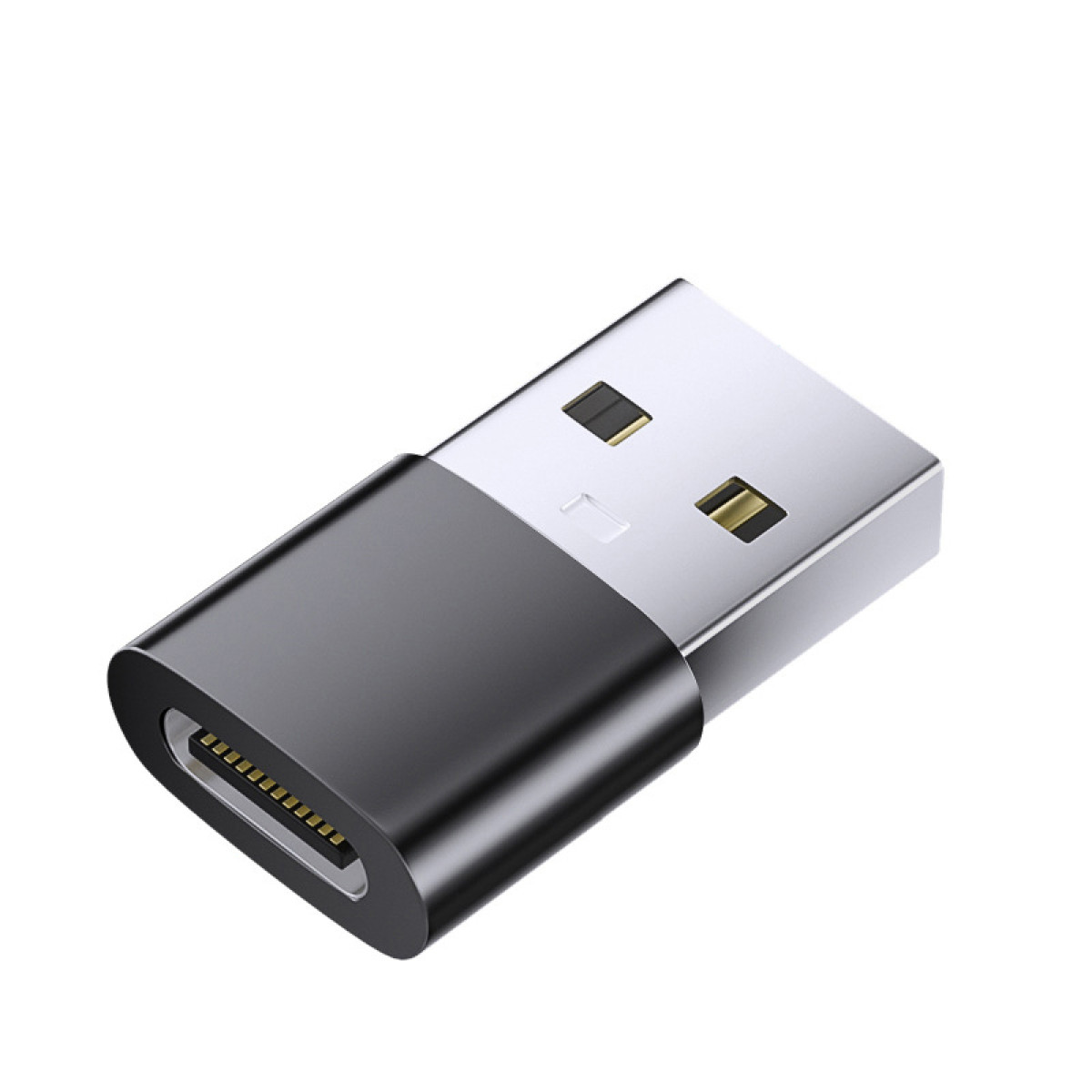 USB-C-zu-USB-Adapter. Er ist schwarz und silber, mit dem USB-C-Ende links und dem USB-Ende rechts.