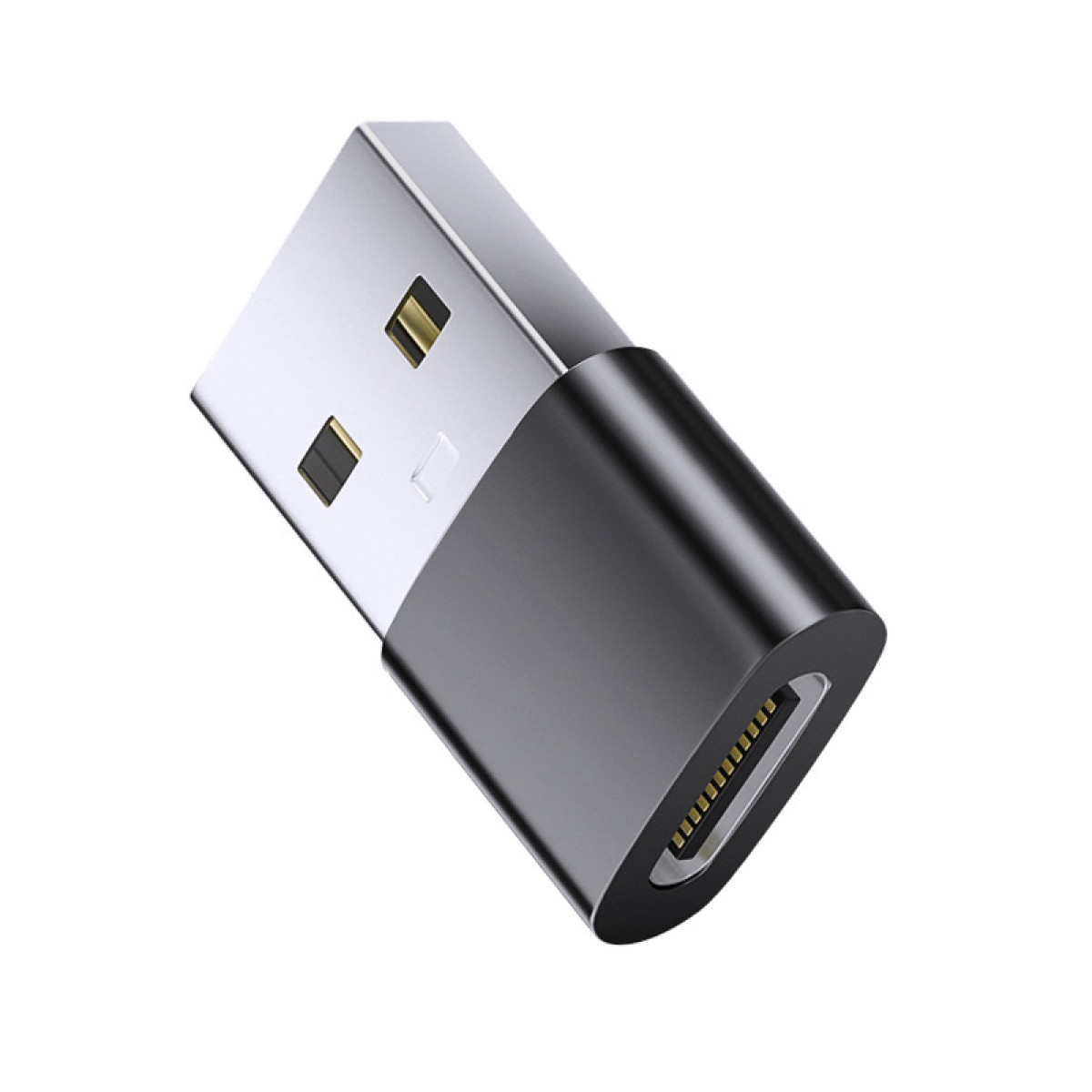 Ein schwarz-silberner USB-zu-Typ-C-Adapter, der das Typ-C-Ende zeigt.
