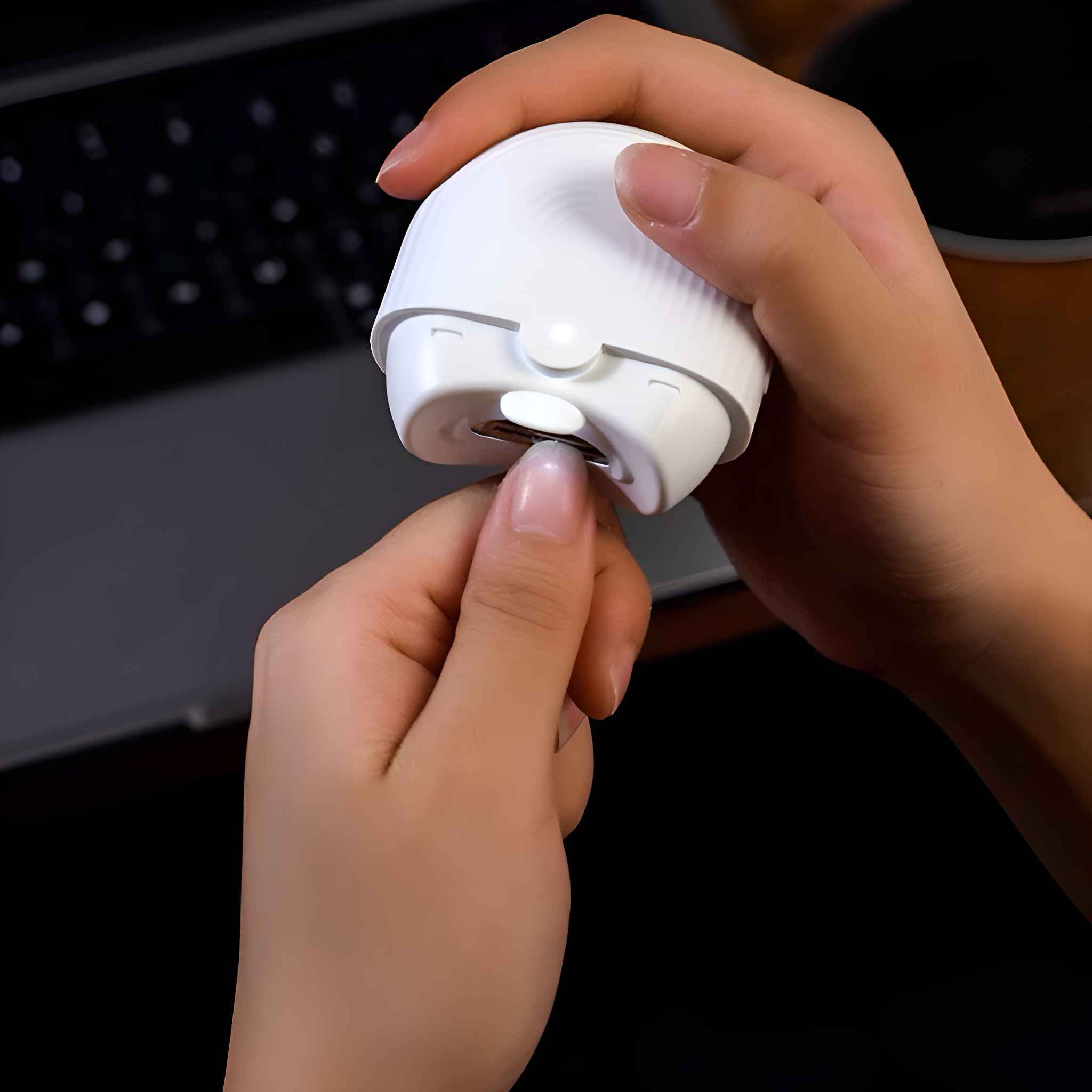 Hände halten einen weißen Nagelknipser und schneiden einen Fingernagel. Die Szene ist drinnen.