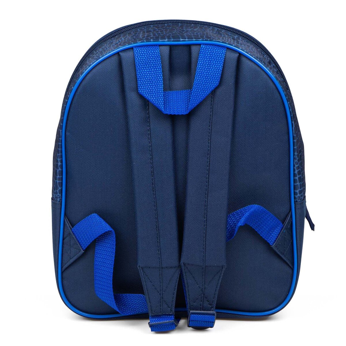 Een blauwe rugzak met een textuurpatroon. Blauwe bandjes en afwerking. Achteraanzicht.