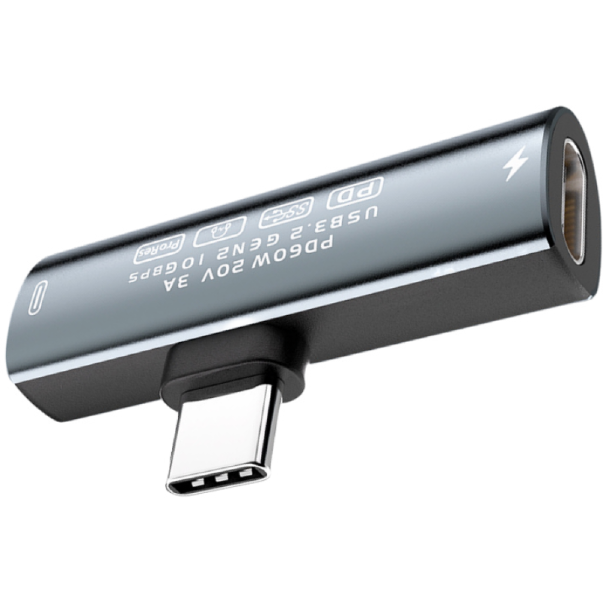 Srebrny adapter z złączem USB-C i portem USB. Tekst: PD60W 20V 3A USB3.2 Gen2 10Gbps.
