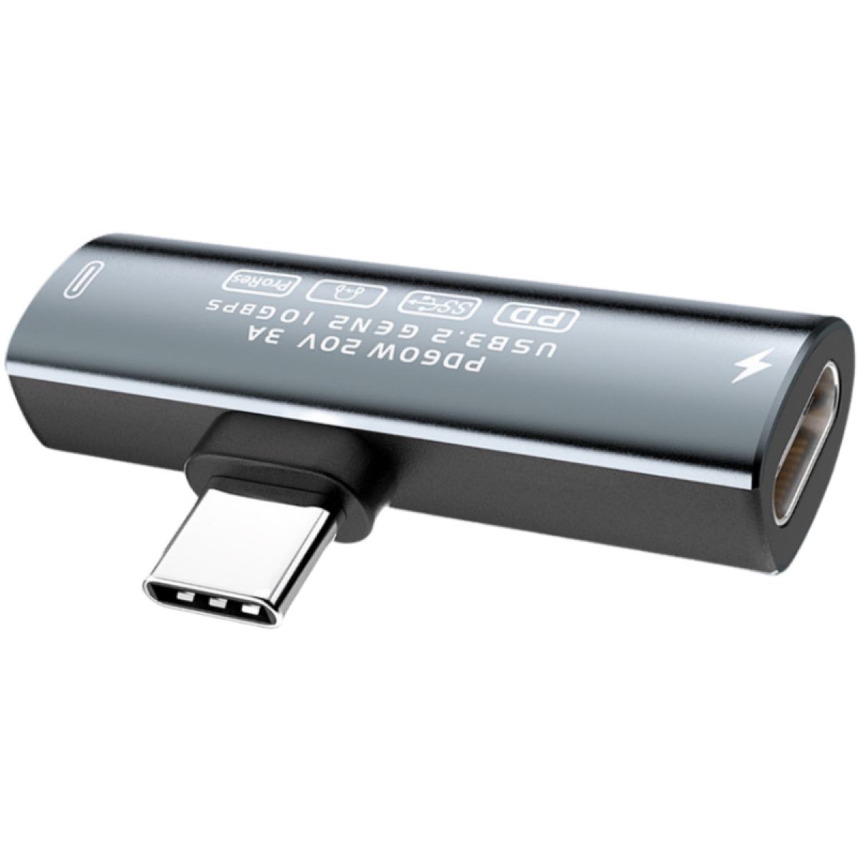 Srebrny adapter z złączem USB-C i portem USB. Tekst: PD60W 20V 3A USB3.2 Gen2 10Gbps.