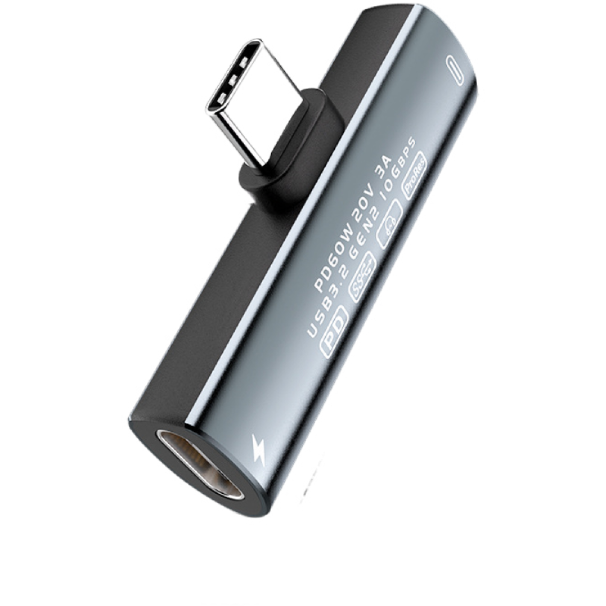 Srebrny i czarny adapter USB-C ze złączem USB-C i tekstem opisującym jego specyfikacje.