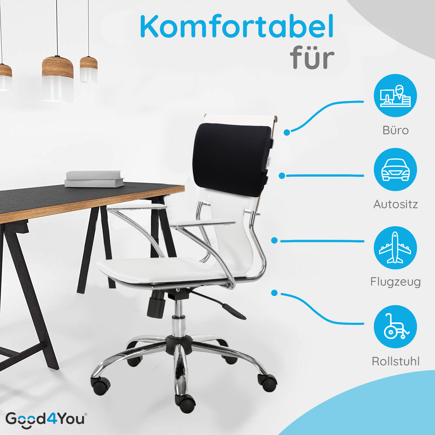 Ein weißer Bürostuhl mit schwarzer Lordosenstütze und ein Schreibtisch mit Gegenständen. Text: Komfortabel für.