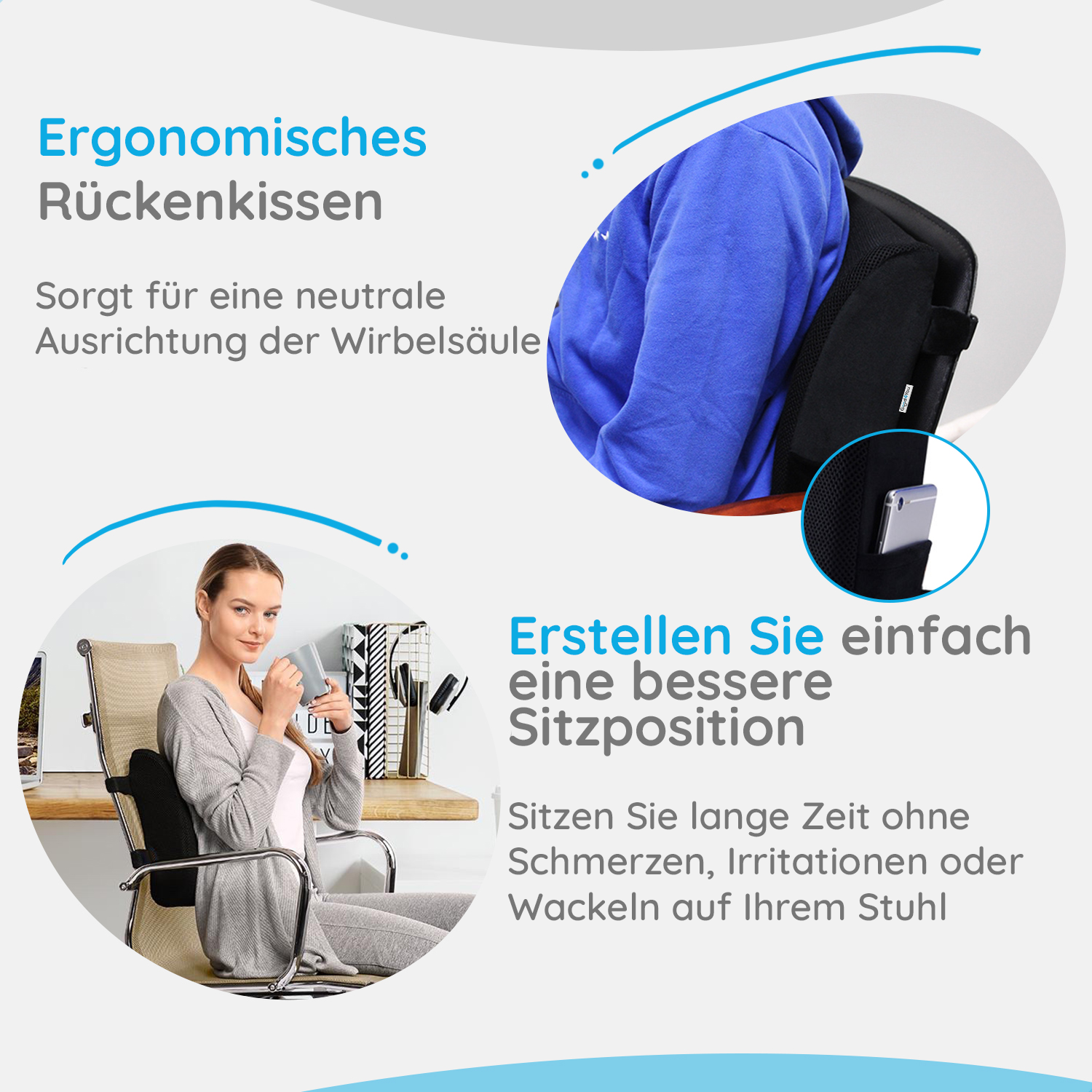 Eine Frau sitzt an einem Schreibtisch mit Lordosenstütze. Text: 'Erstellen Sie einfach eine bessere Sitzposition'.