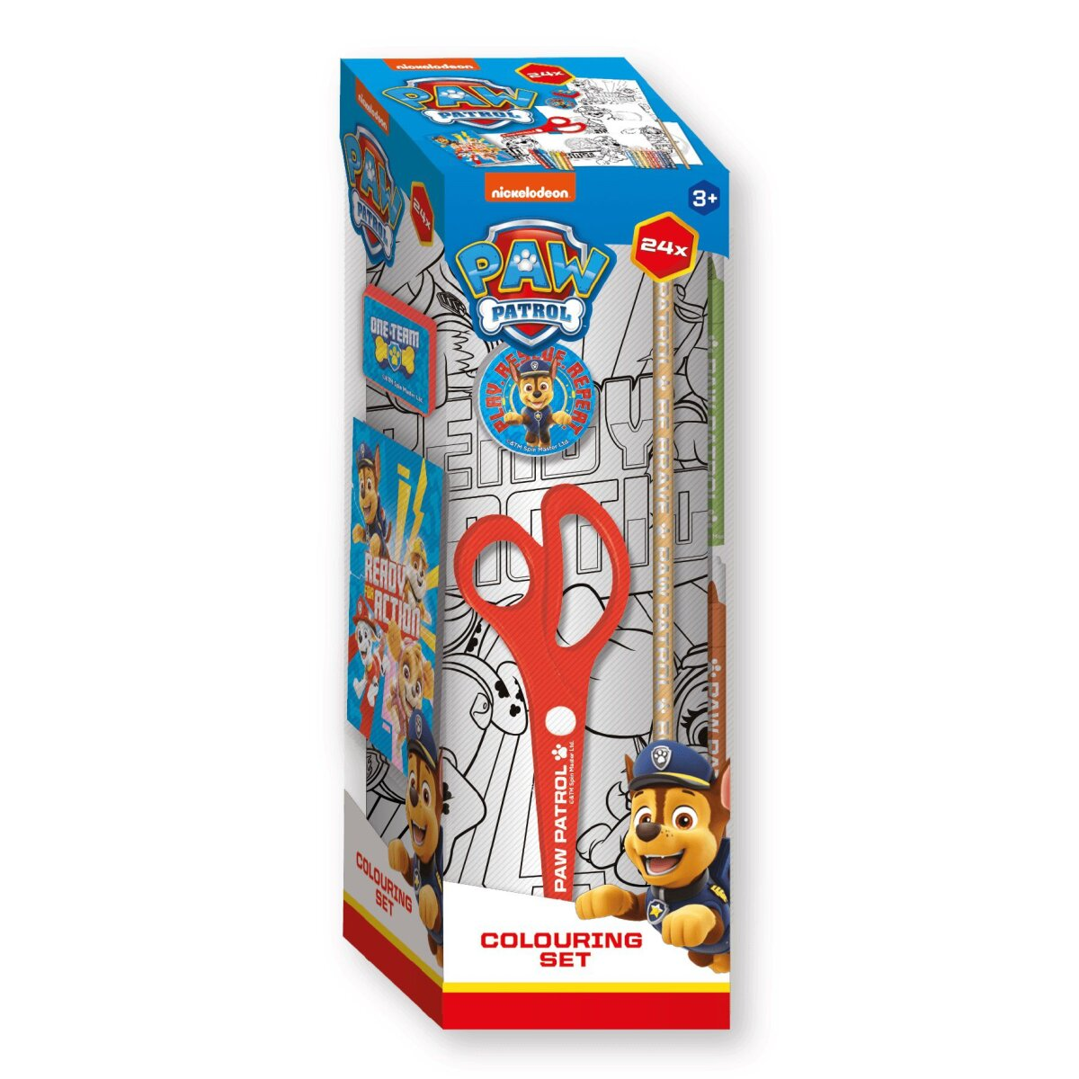 Een Paw Patrol kleurset met kleurpotloden, schaar en een kleurboek, allemaal in een doos.