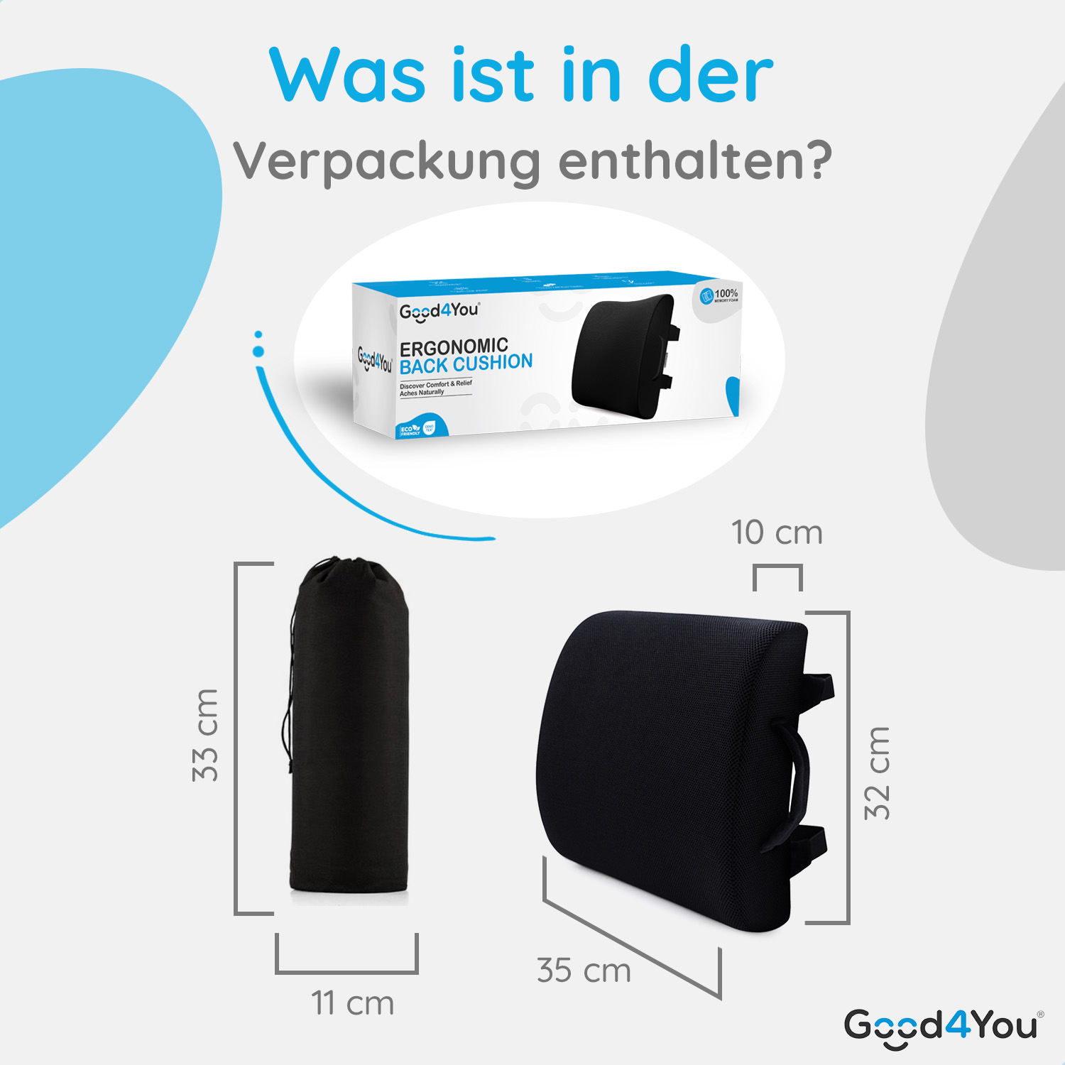 Eine Produktverpackung mit einem Rückenkissen und einer schwarzen Reisetasche mit Abmessungen. Der Text ist auf Deutsch.
