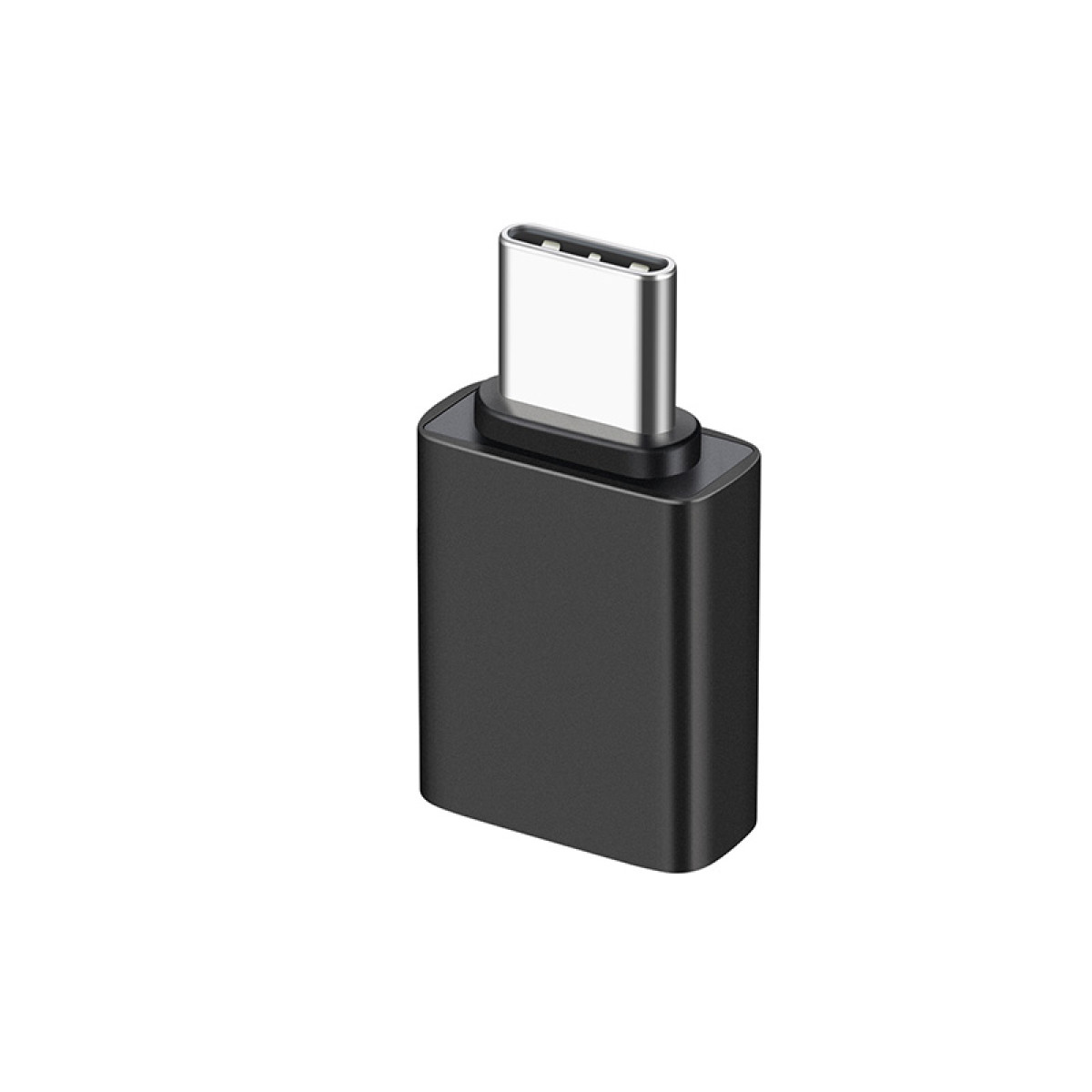 Czarny adapter USB-C do USB-A, prostokątny kształt, ze srebrnym złączem USB-C.