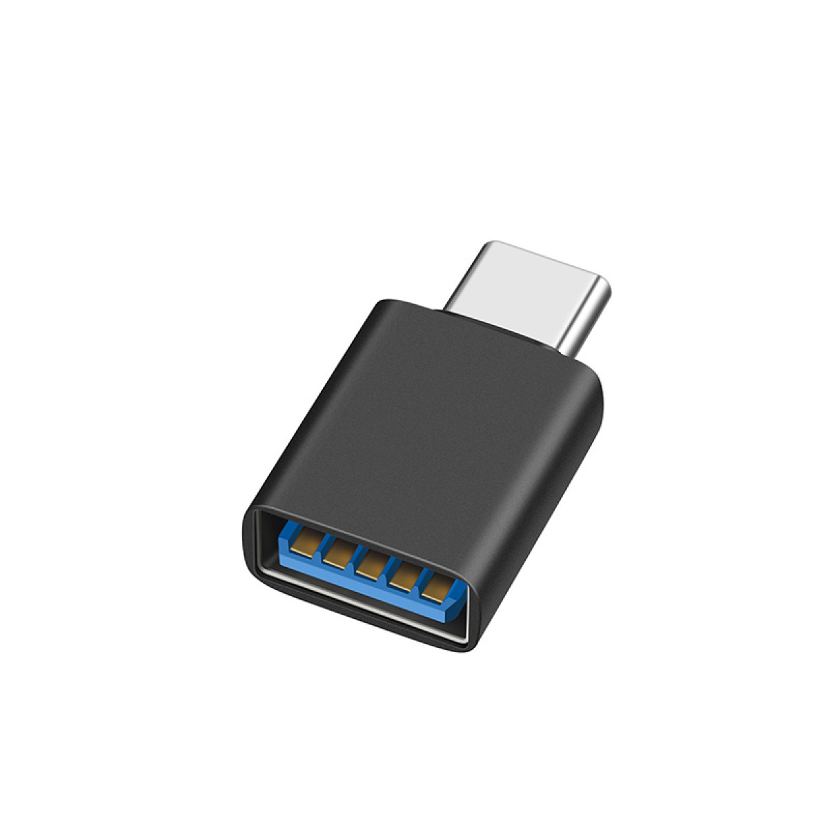 Czarny adapter USB-C do USB-A. Końcówka USB-C jest srebrna, a USB-A niebieska.