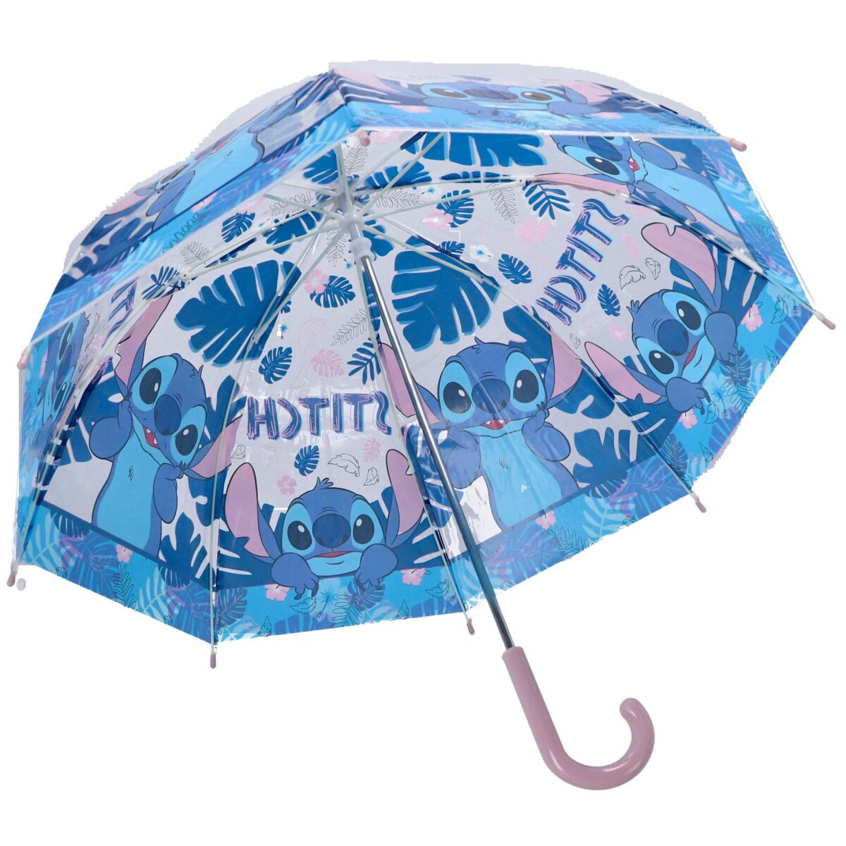 Un paraguas abierto de Stitch con patrones azules y blancos de personajes de Stitch y hojas tropicales. Tiene un mango rosa.