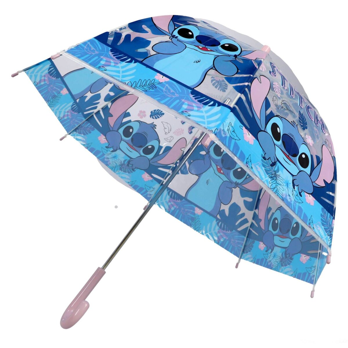 Paraguas con Stitch de Lilo & Stitch, fondo azul, imágenes de Stitch. El paraguas tiene un mango rosa.