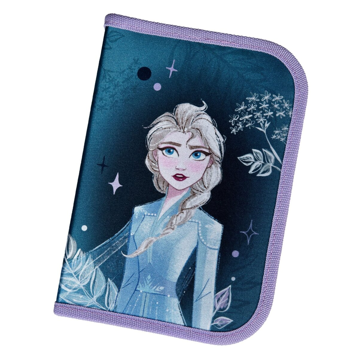 Elsa aus Frozen ist auf der Hülle eines lilafarbenen Federmäppchens mit Blättern und Sternen um sie herum.