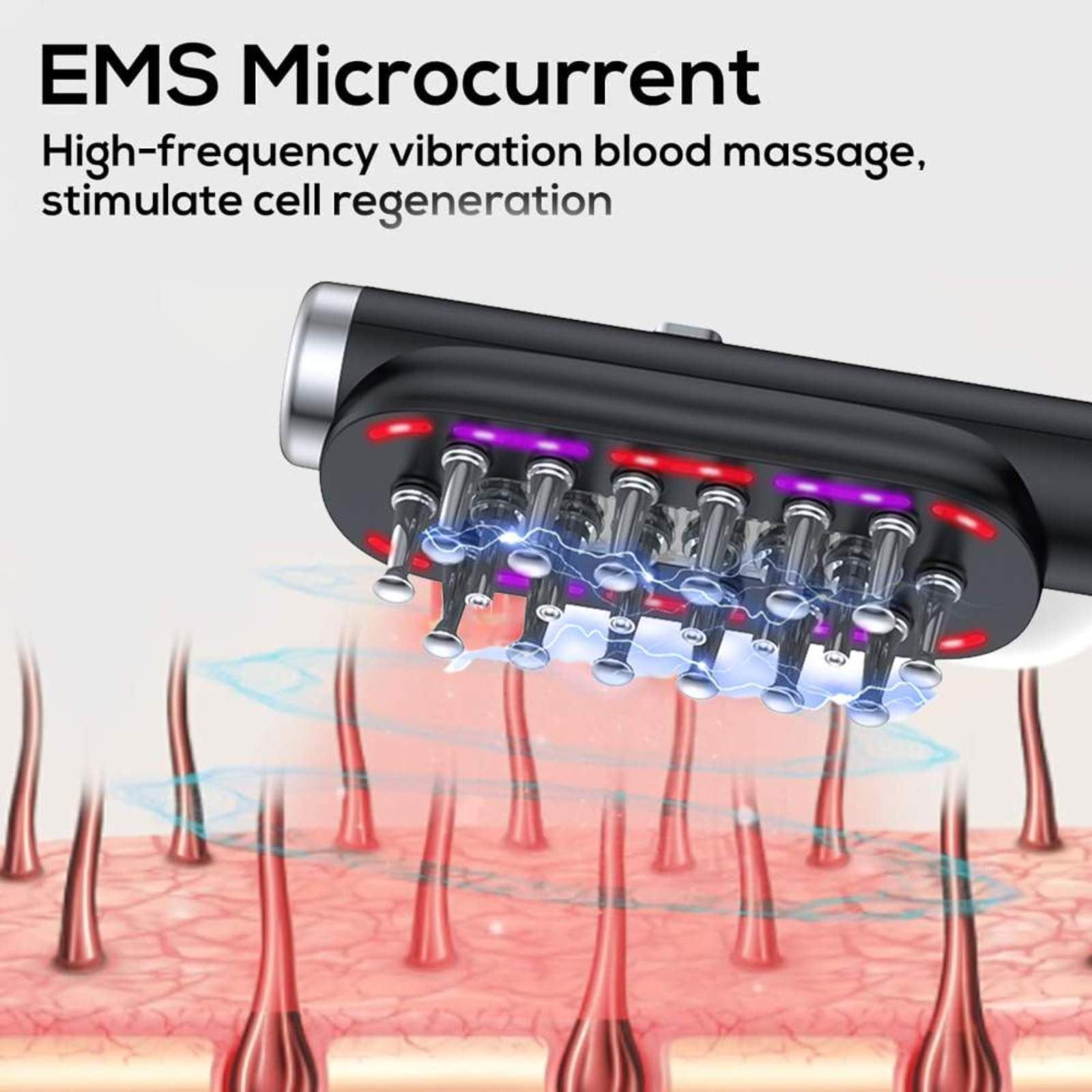 Nahaufnahme eines Geräts mit Nadeln, die Haarfollikel stimulieren, mit Text, der EMS-Mikrostrom und Zellregeneration angibt.