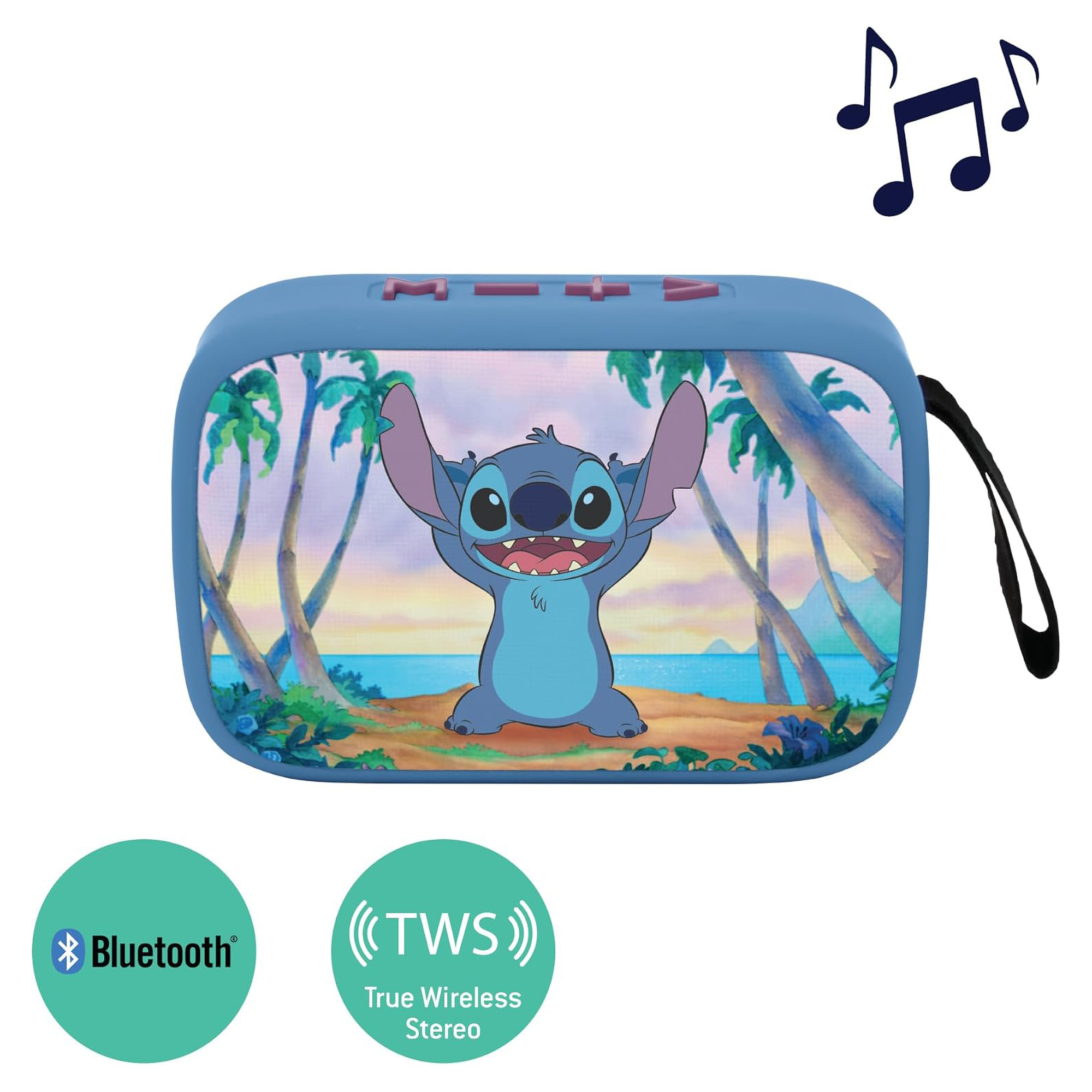 Niebieski głośnik Bluetooth Stitch z obrazem Stitch. Tekst na głośniku to Bluetooth i TWS. Tło z palmami i plażą.