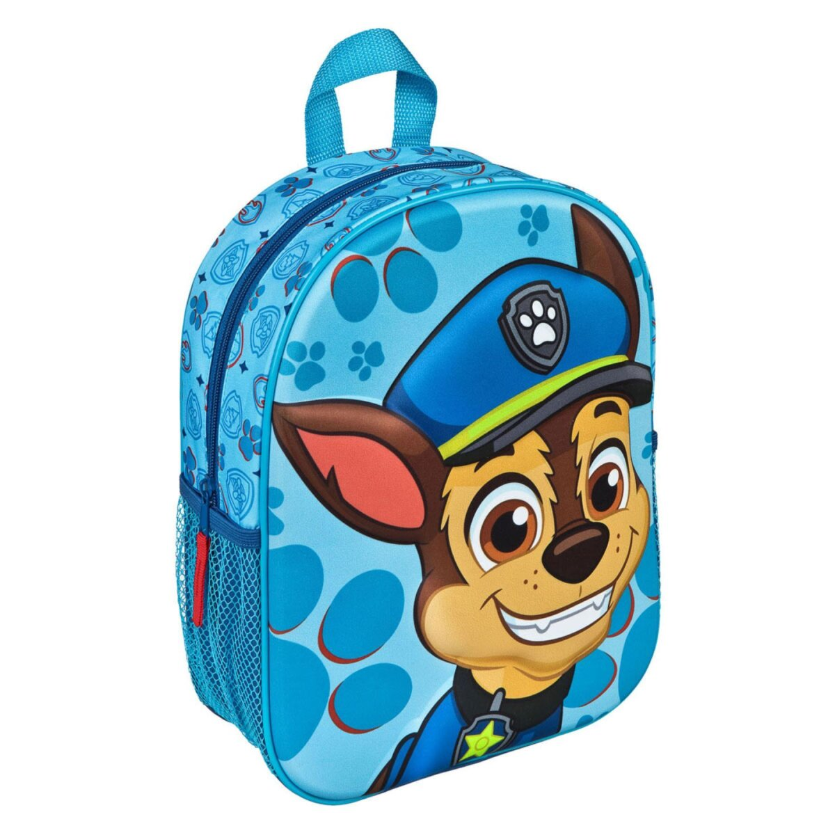 Blue backpack with Chase from Paw Patrol. Chase is smiling with a police hat and uniform.