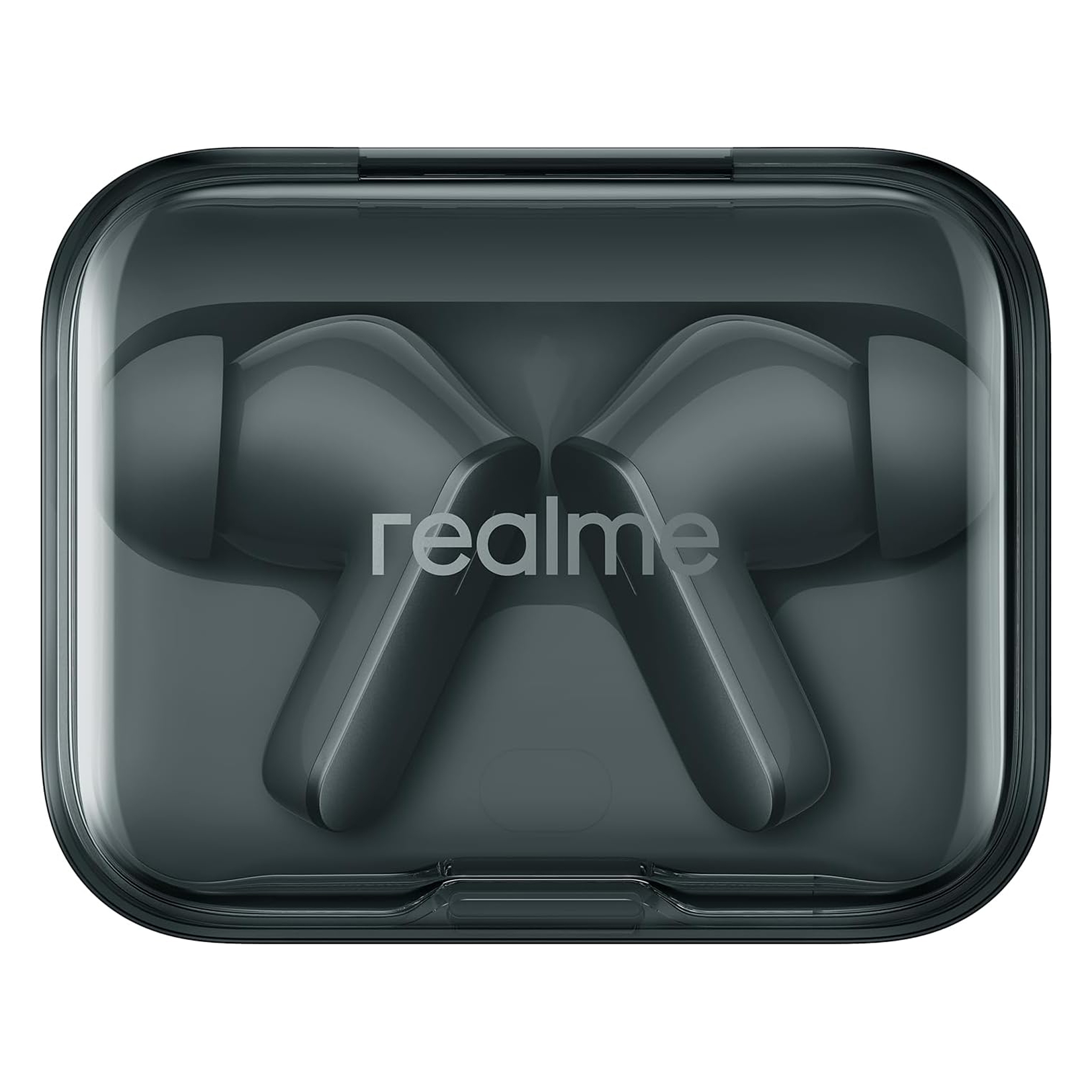 Schwarze Realme-Ohrhörer in einem transparenten Etui. Realme-Logo ist sichtbar.