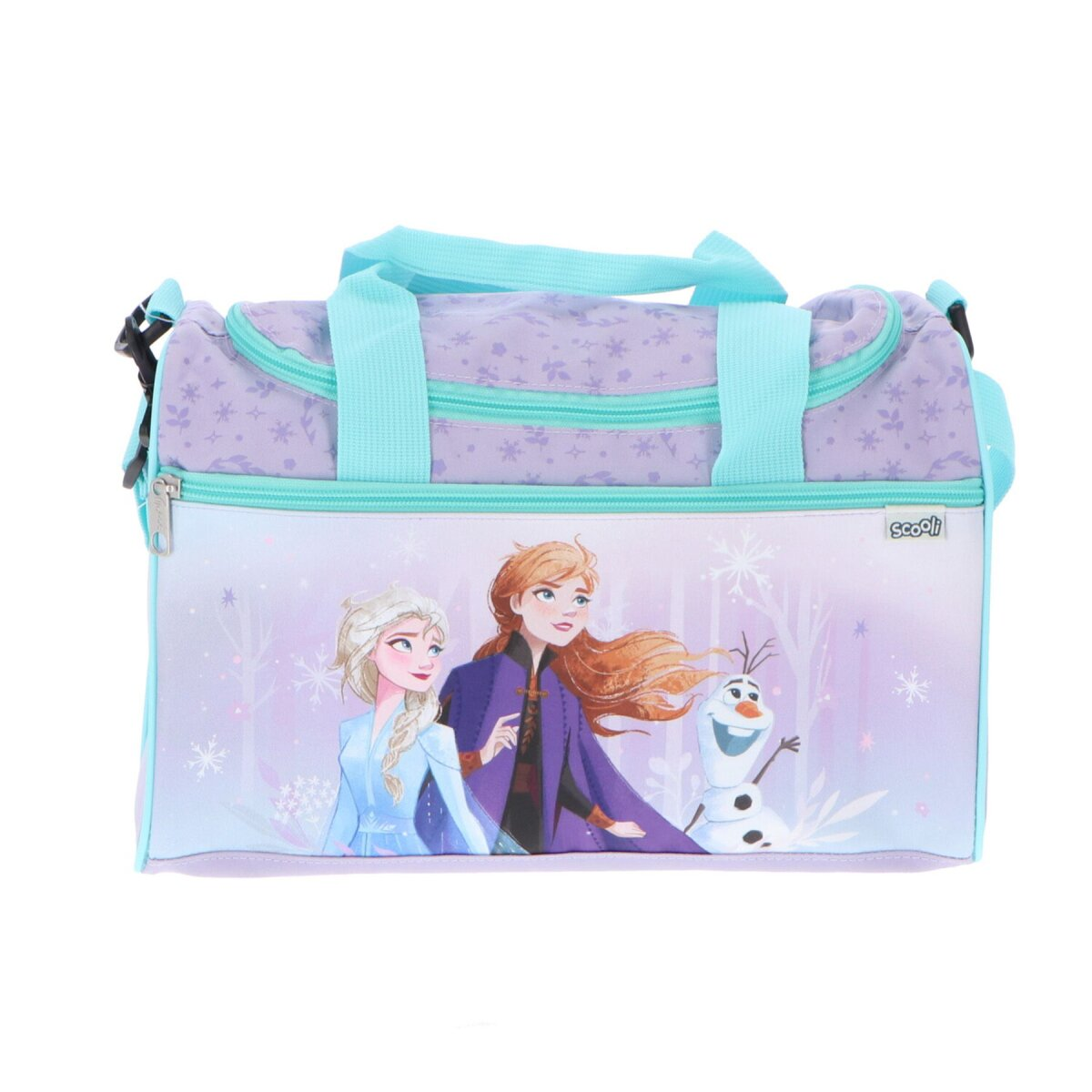 A purple bag with images of the Frozen characters Elsa, Anna, and Olaf, with a light blue trim.