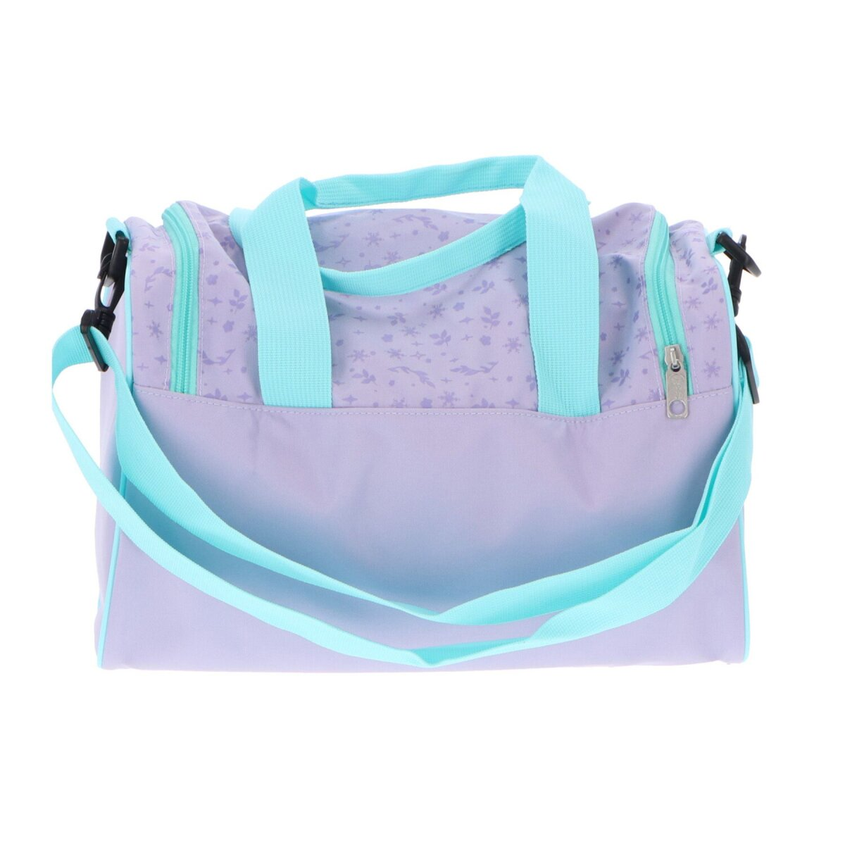 A lavender and light blue duffel bag with a floral pattern, turquoise handles and strap, and a zipper closure.