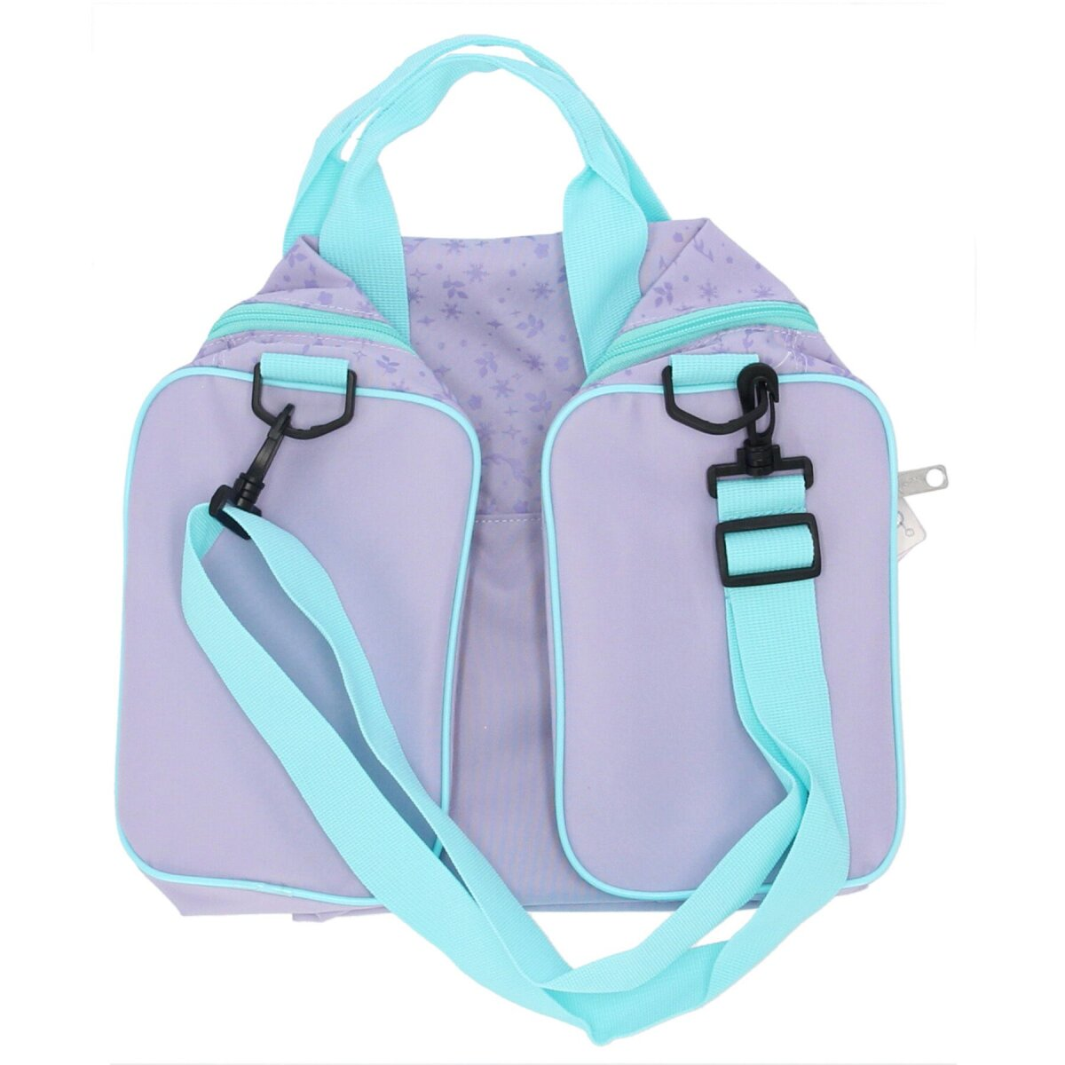 Back view of a purple travel bag with light blue straps and two side pockets. Zippers and clips are visible.