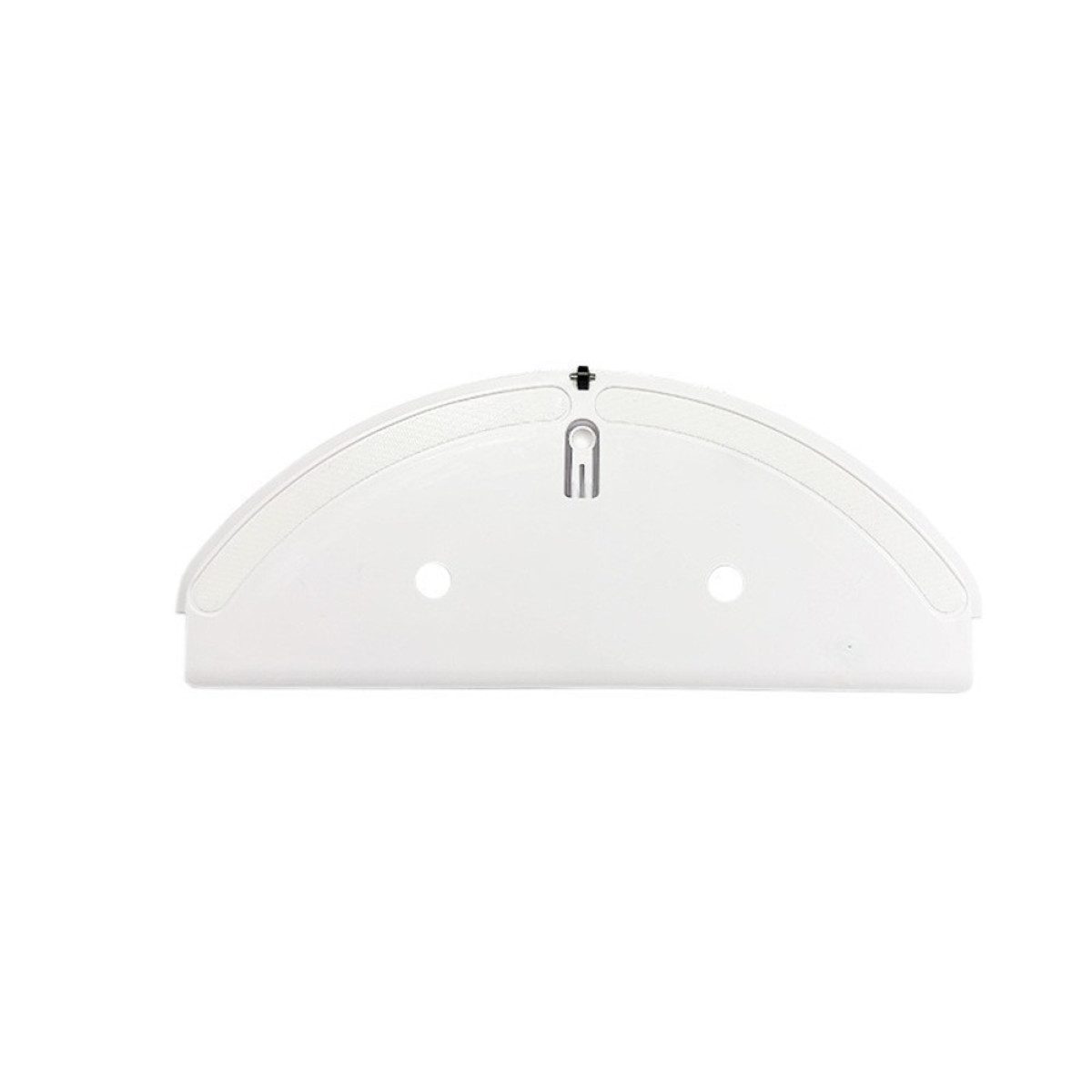 Un componente bianco semicircolare di un aspirapolvere robot con due fori e una piccola apertura.