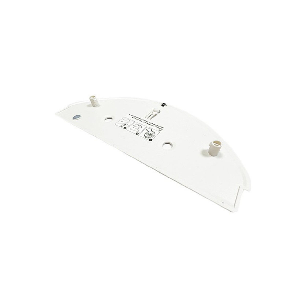 Un componente bianco, semicircolare con fori e diagrammi, probabilmente un pezzo di aspirapolvere.