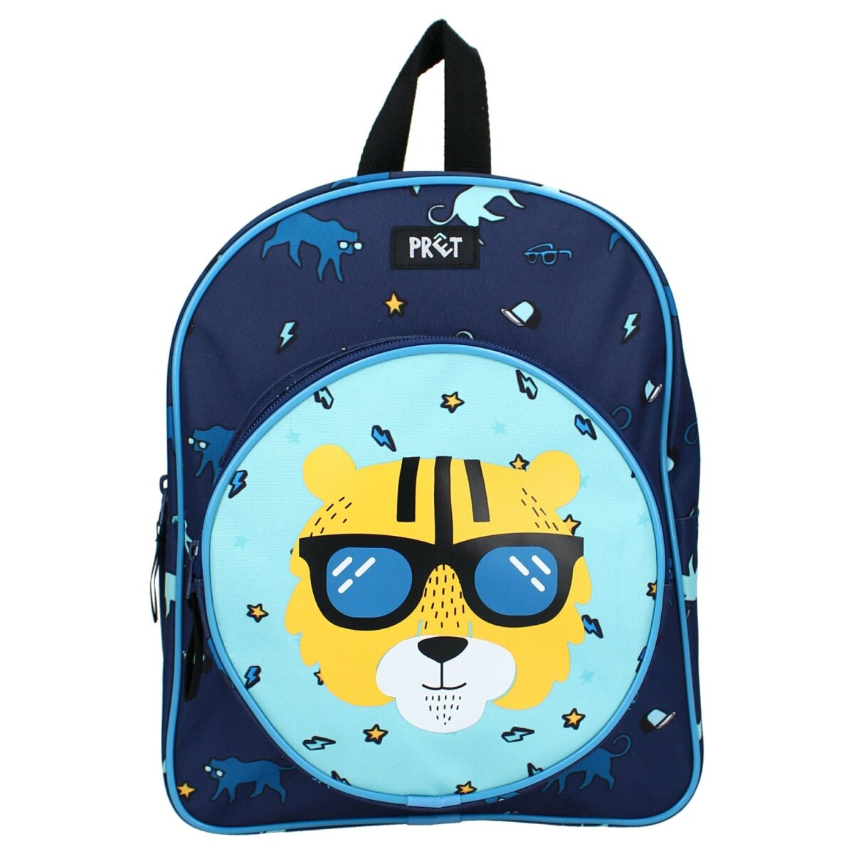 A navy blue backpack with a tiger face design wearing sunglasses, with lightning bolts and stars.